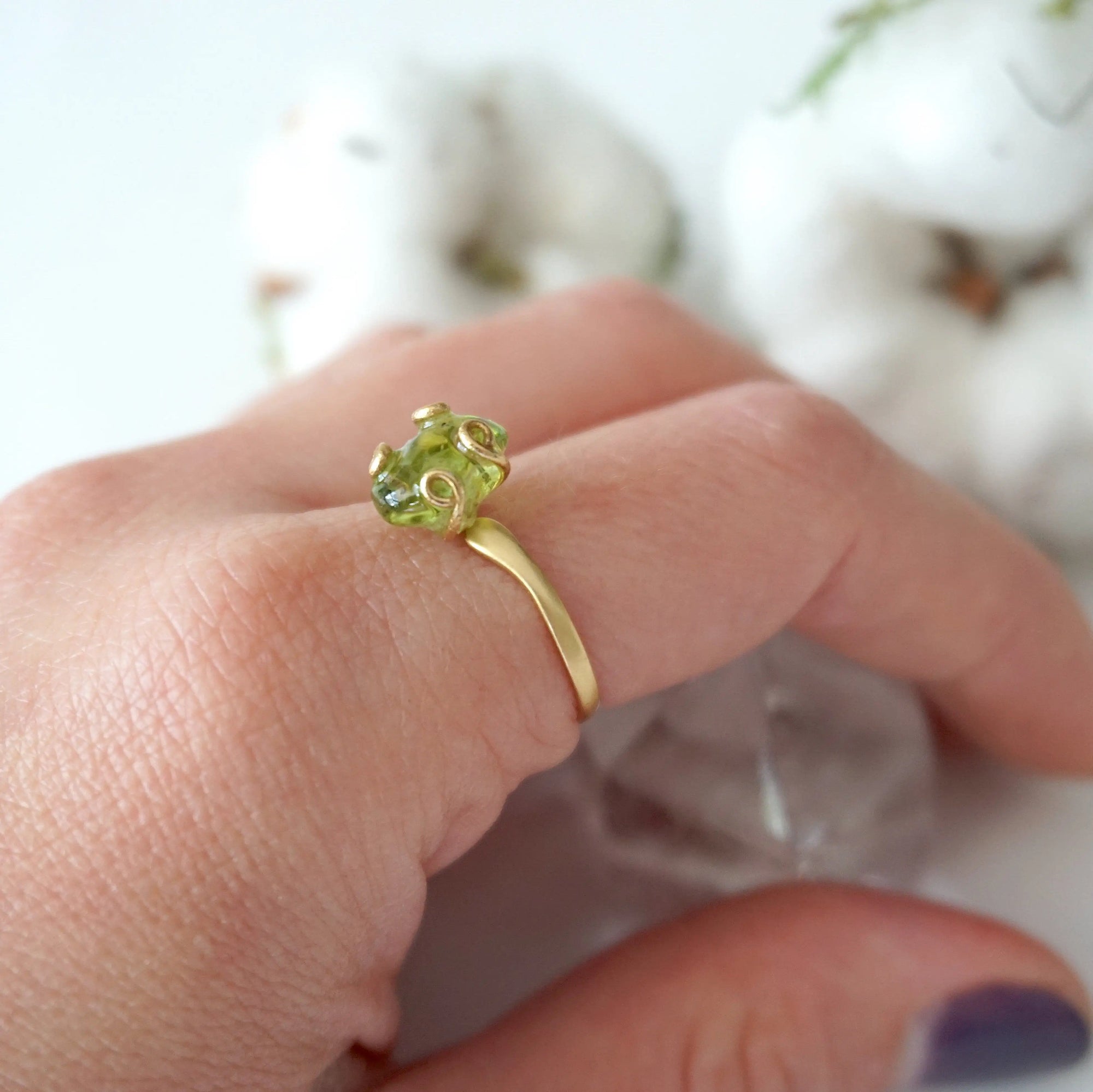 Raw peridot adjustable ring for women in 14k gold vermeil — vivid olive green crystal on artisan setting, fits US sizes 4–10, handmade August birthstone jewelry by Designs by Nature Gems