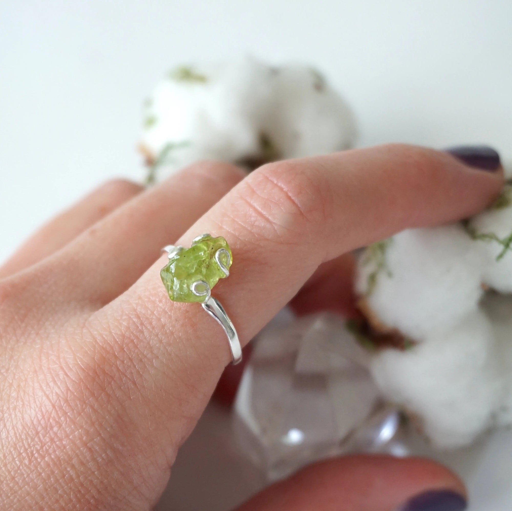 Raw peridot adjustable ring for women in 925 sterling silver — vivid olive green crystal on artisan setting, fits US sizes 4–10, handmade August birthstone jewelry by Designs by Nature Gems