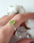 Raw peridot adjustable ring for women in 925 sterling silver — vivid olive green crystal on artisan setting, fits US sizes 4–10, handmade August birthstone jewelry by Designs by Nature Gems