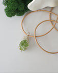 Raw peridot necklace for women — handmade 925 sterling silver wire wrapped pendant on genuine tan leather cord, August birthstone, by Designs by Nature Gems