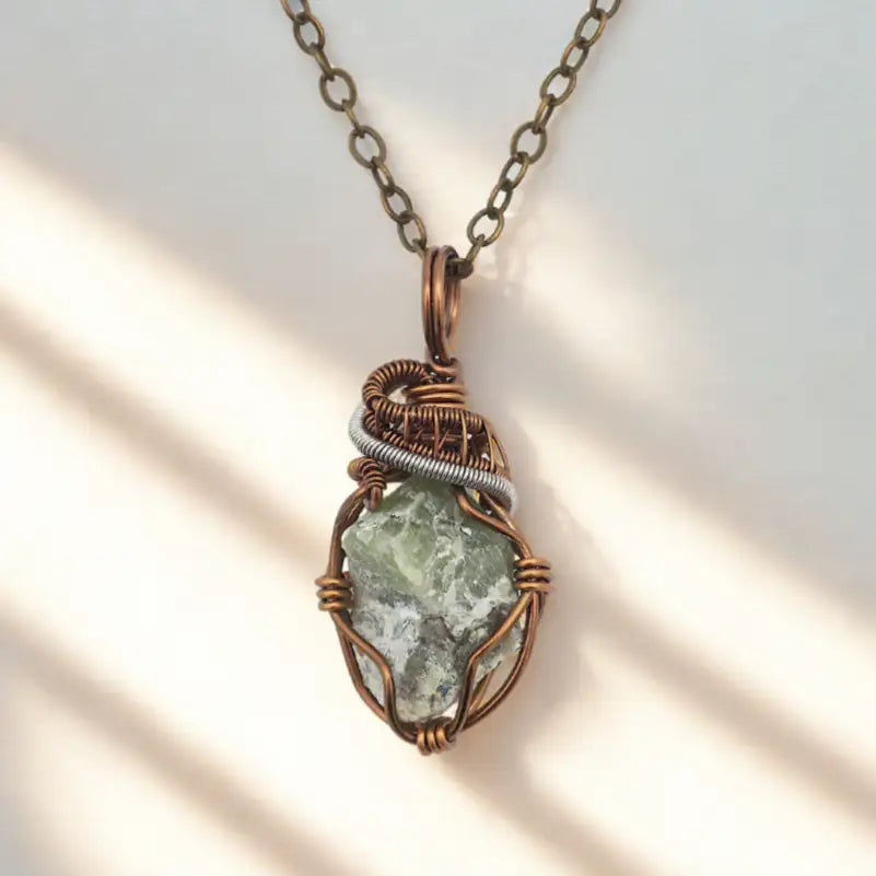 Raw peridot necklace for women — sage green crystal pendant with two-tone wire wrap on antique bronze cable chain, handmade August birthstone jewelry by Designs by Nature Gems