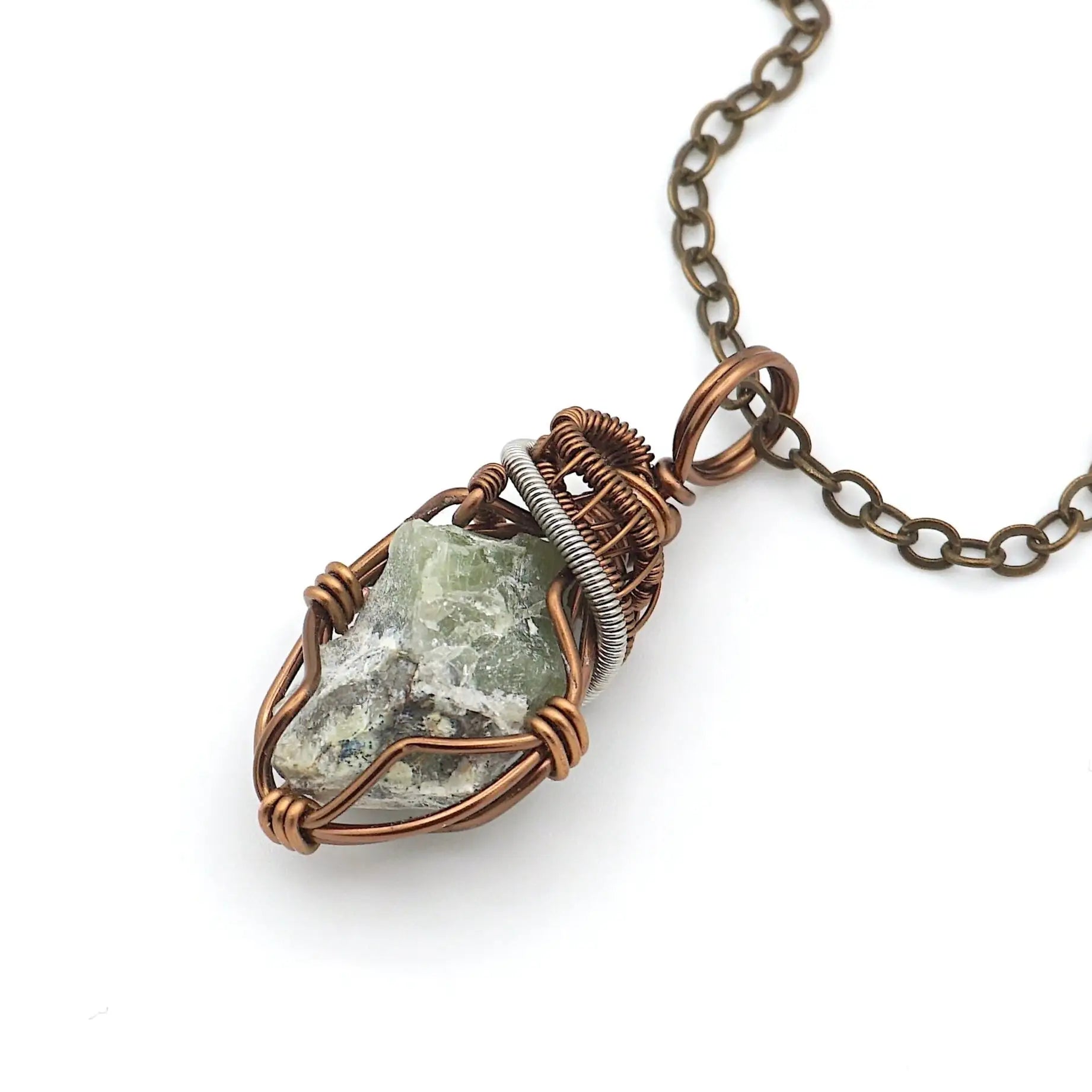Raw peridot necklace for women — sage green crystal pendant with two-tone wire wrap on antique bronze cable chain, handmade August birthstone jewelry by Designs by Nature Gems