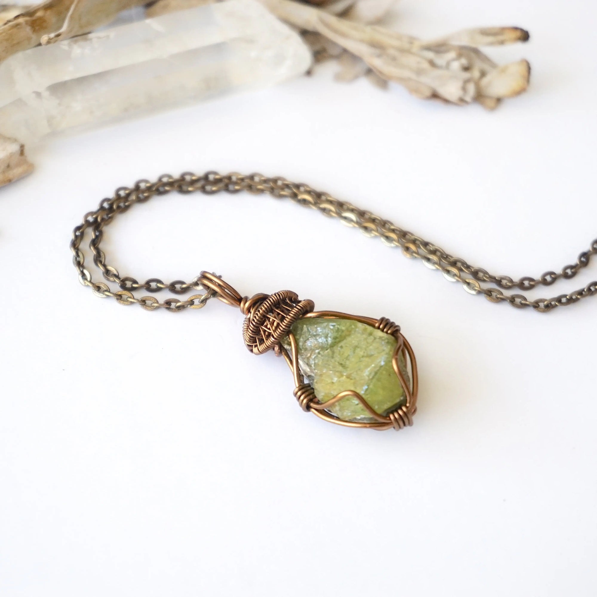 Raw peridot necklace for women on antique bronze cable chain — vivid olive green crystal pendant, handmade August birthstone jewelry by Designs by Nature Gems