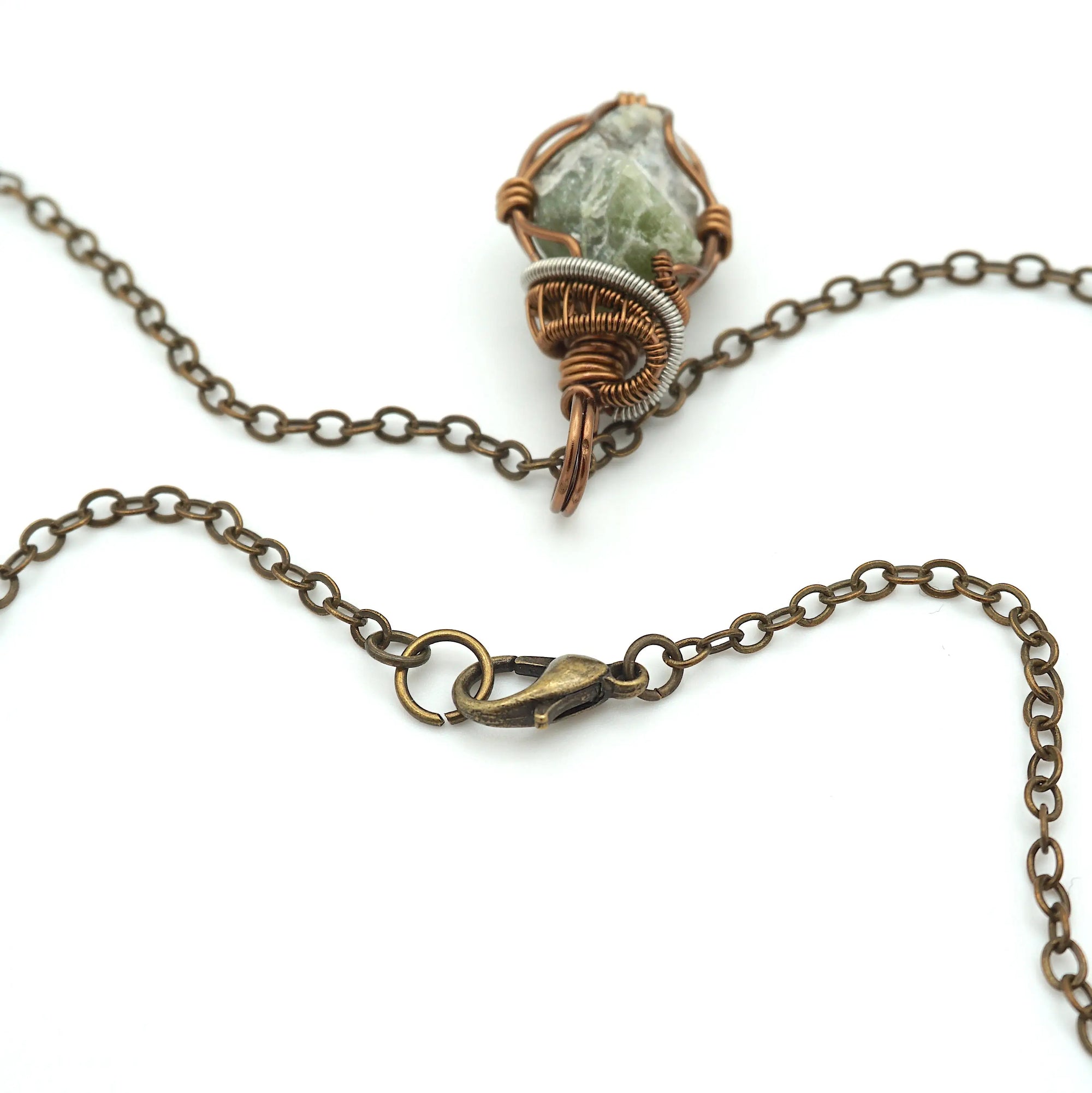 Antique bronze lobster clasp detail — raw peridot necklace for women, nickel-free handmade crystal jewelry by Designs by Nature Gems