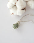 Raw peridot necklace for women — handmade silver wire wrapped pendant on silver cable chain, August birthstone, by Designs by Nature Gems