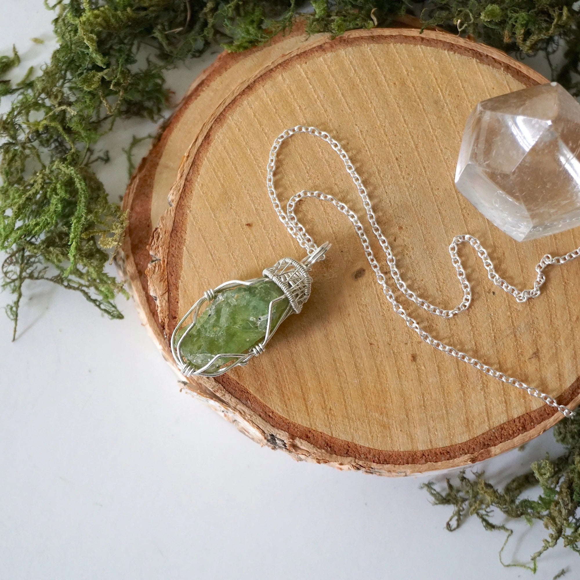 Raw peridot necklace for women on sterling silver cable chain — vivid olive green crystal pendant, handmade 925 sterling silver August birthstone jewelry by Designs by Nature Gems