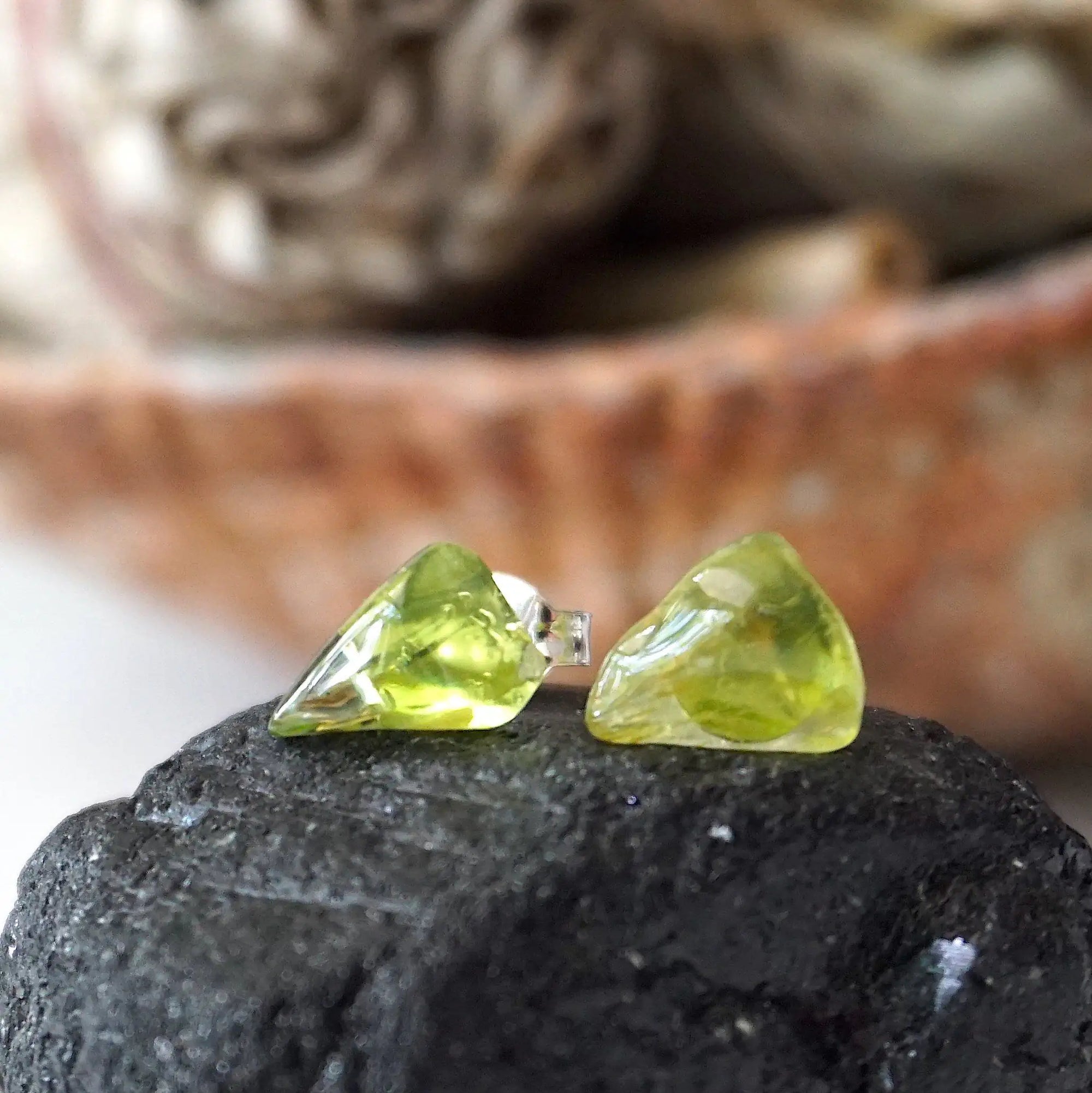 Raw peridot stud earrings in 925 sterling silver — translucent olive green natural crystal studs, handmade August birthstone jewelry by Designs by Nature Gems