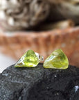 Raw peridot stud earrings in 925 sterling silver — translucent olive green natural crystal studs, handmade August birthstone jewelry by Designs by Nature Gems