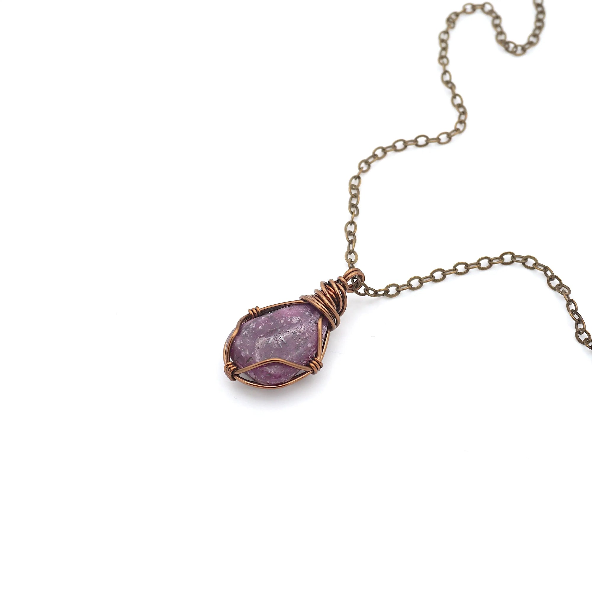 Raw ruby necklace with antique bronze wire wrapped pendant on cable chain — handmade crystal jewelry by Designs by Nature Gems
