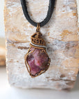 Raw ruby necklace for men with bronze and silver wire wrapped pendant on black leather cord — handmade crystal jewelry by Designs by Nature Gems