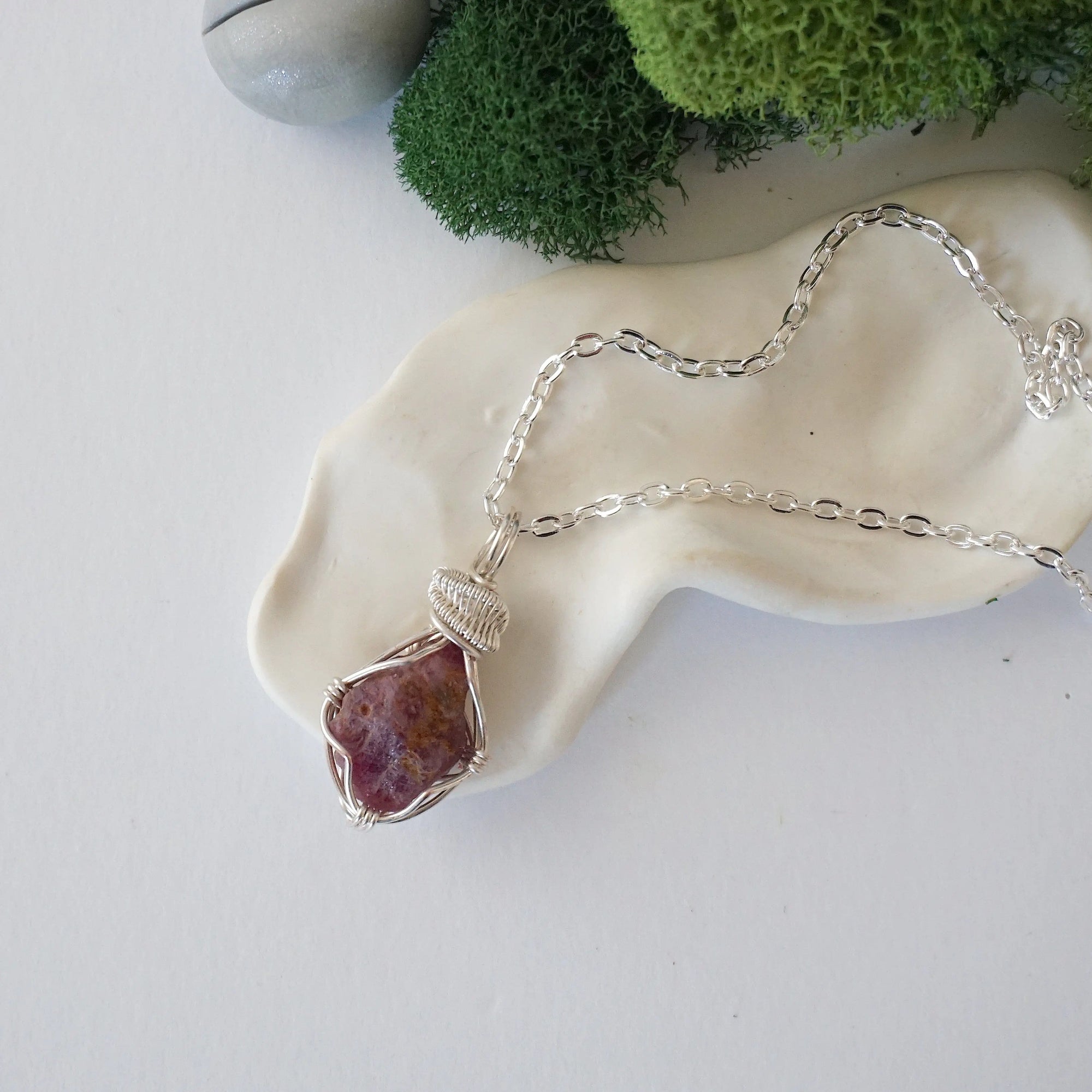 Raw ruby necklace with silver wire wrapped pendant on cable chain — handmade crystal jewelry for women by Designs by Nature Gems