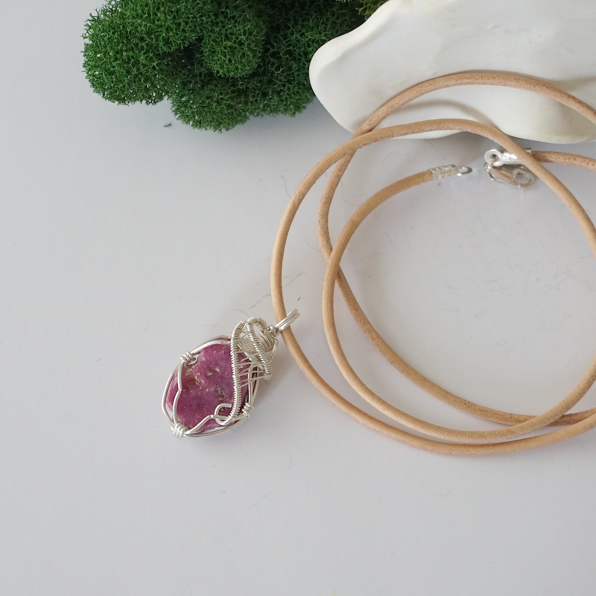 Raw ruby necklace for women — handmade 925 sterling silver wire wrapped pendant on genuine tan leather cord, July birthstone, by Designs by Nature Gems