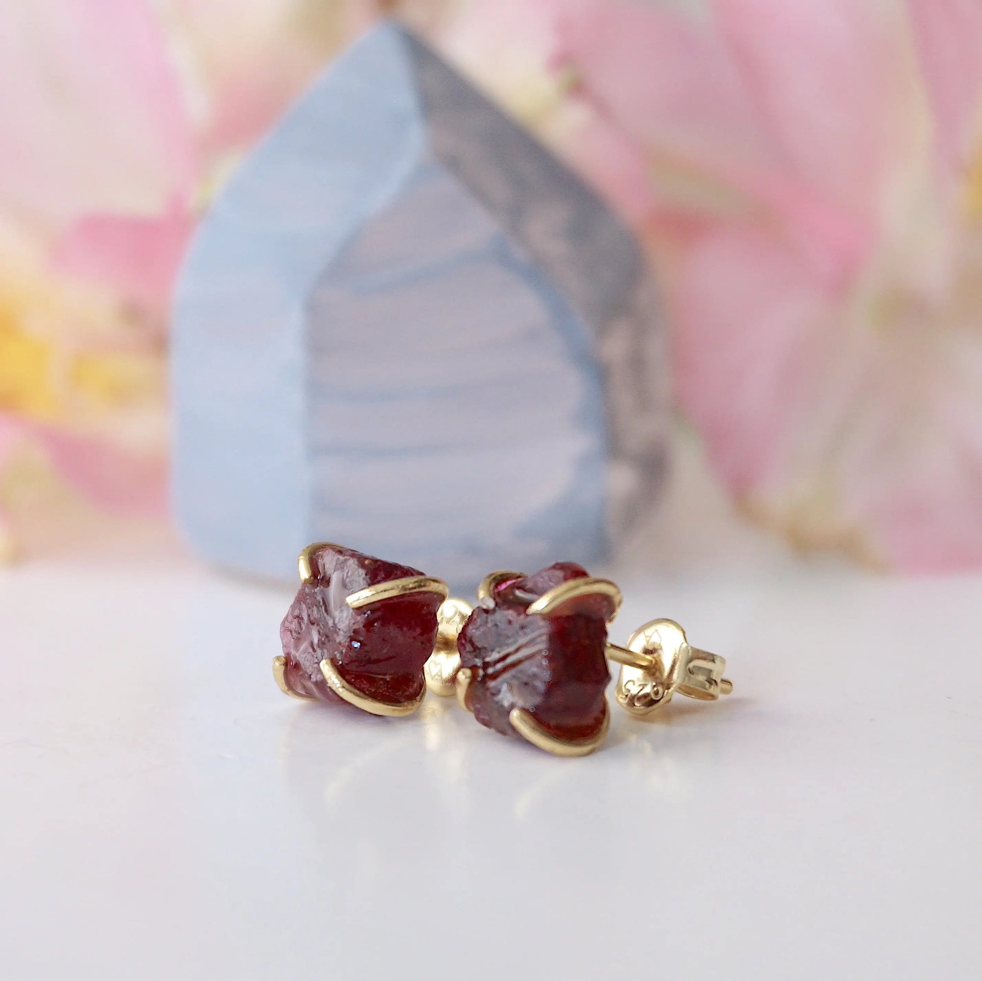 Raw ruby prong stud earrings with natural rough ruby in 14k gold vermeil claw setting — handmade crystal jewelry by Designs by Nature Gems