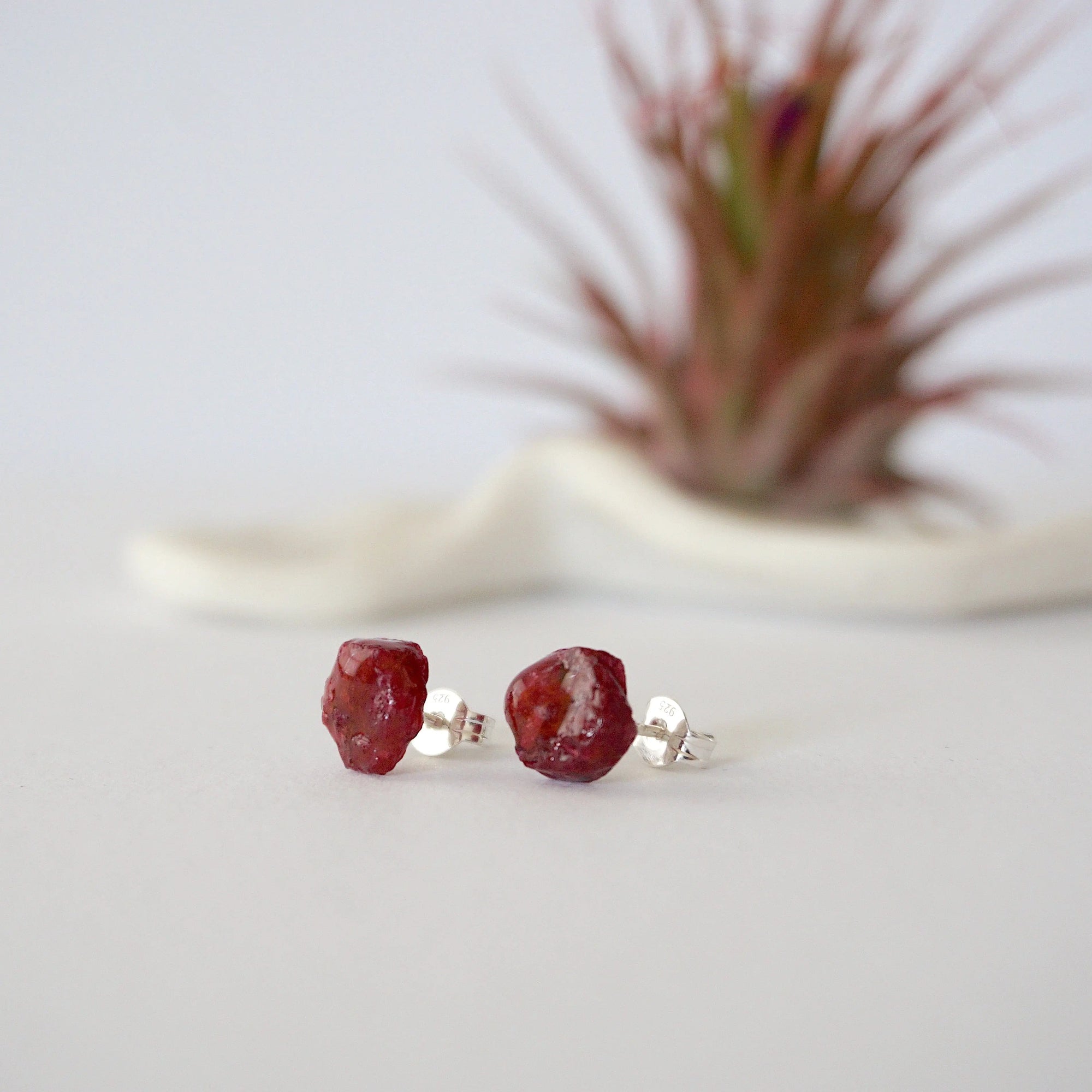 Raw ruby stud earrings with natural rough ruby stones on 925 sterling silver posts — handmade crystal jewelry by Designs by Nature Gems
