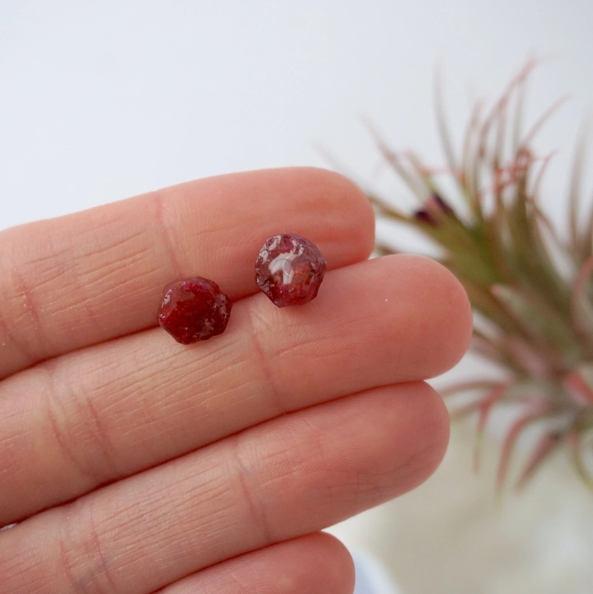 Raw ruby stud earrings held in hand to show size — natural rough ruby stones on 925 sterling silver posts, July birthstone earrings