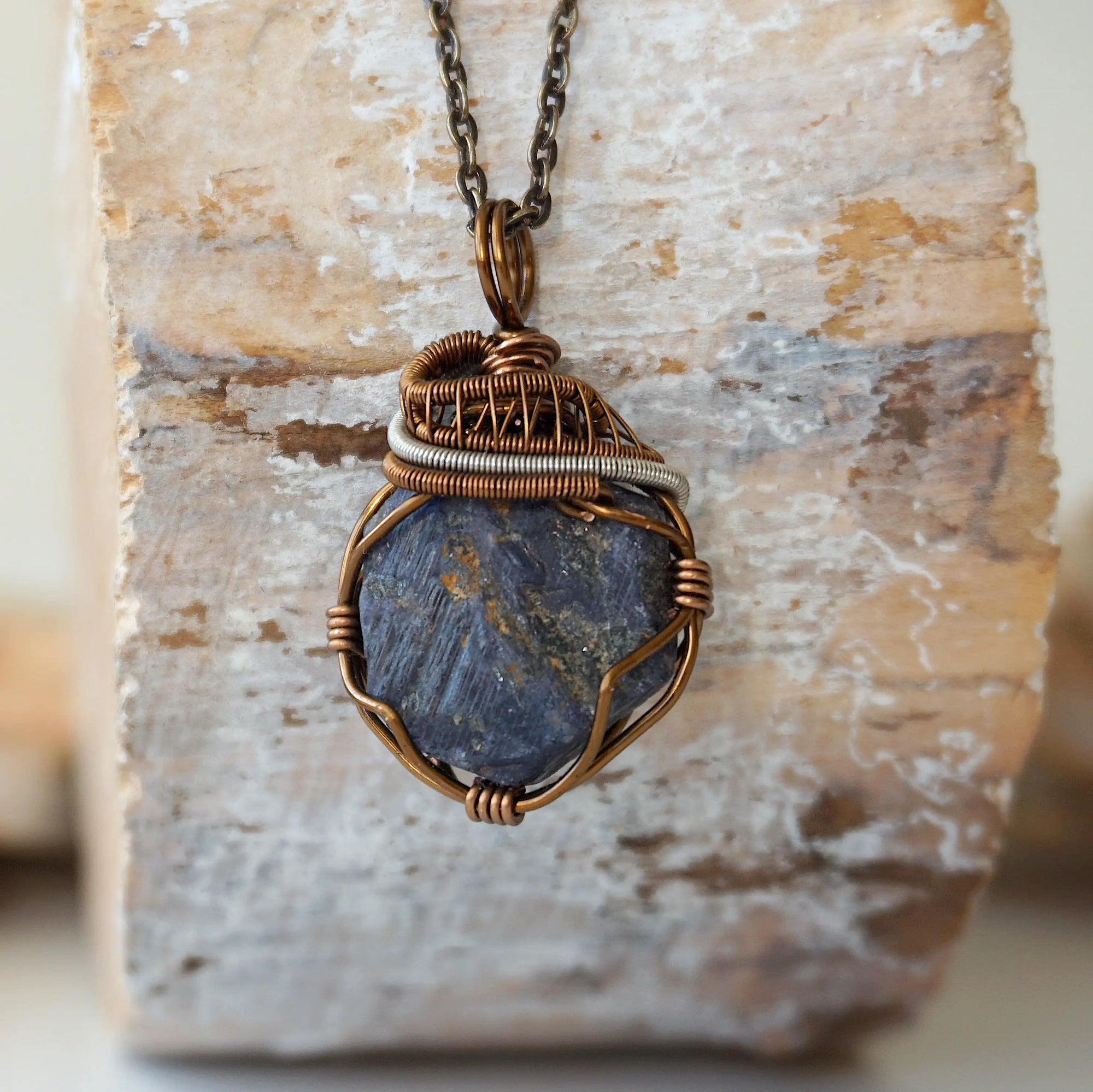 Raw sapphire necklace on an antique bronze cable chain — antique bronze and dark silver wire wrap, handcrafted crystal jewelry by Designs by Nature Gems