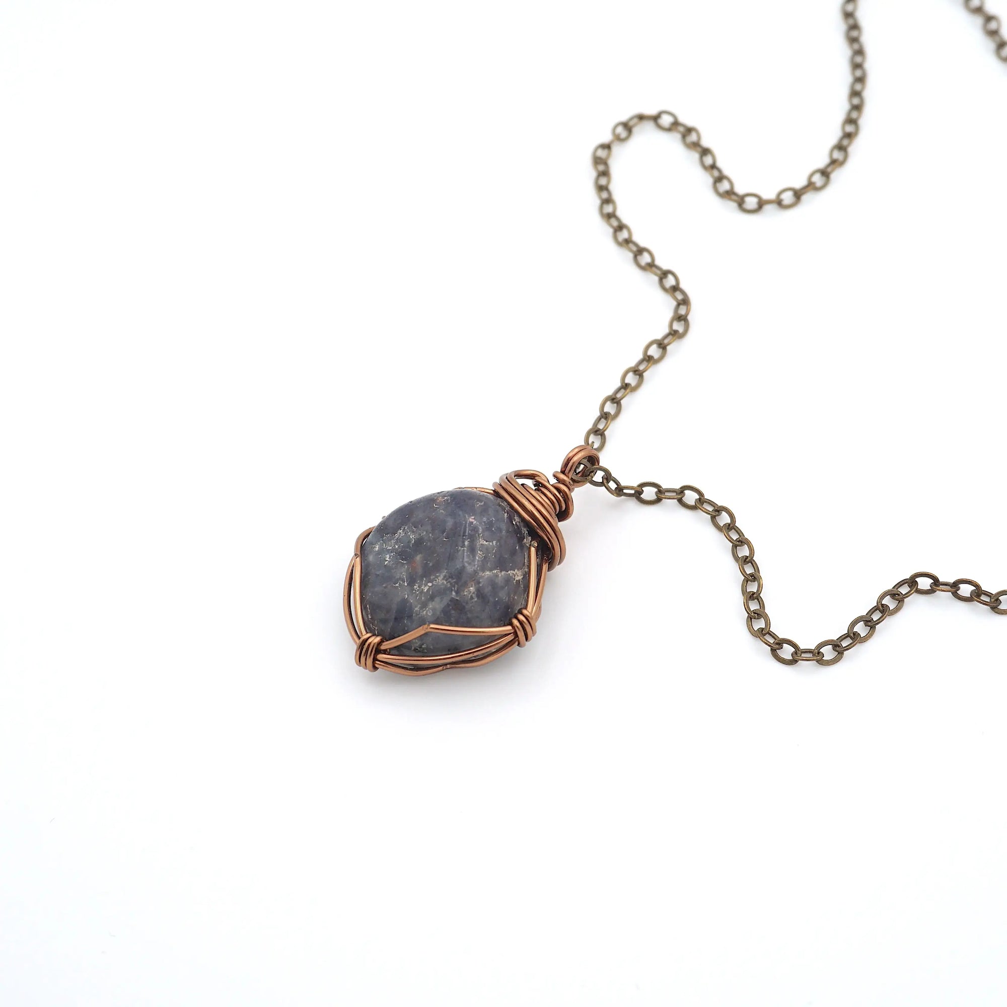 Raw sapphire necklace handcrafted in antique bronze wire wrap on an antique bronze cable chain — September birthstone jewelry by Designs by Nature Gems