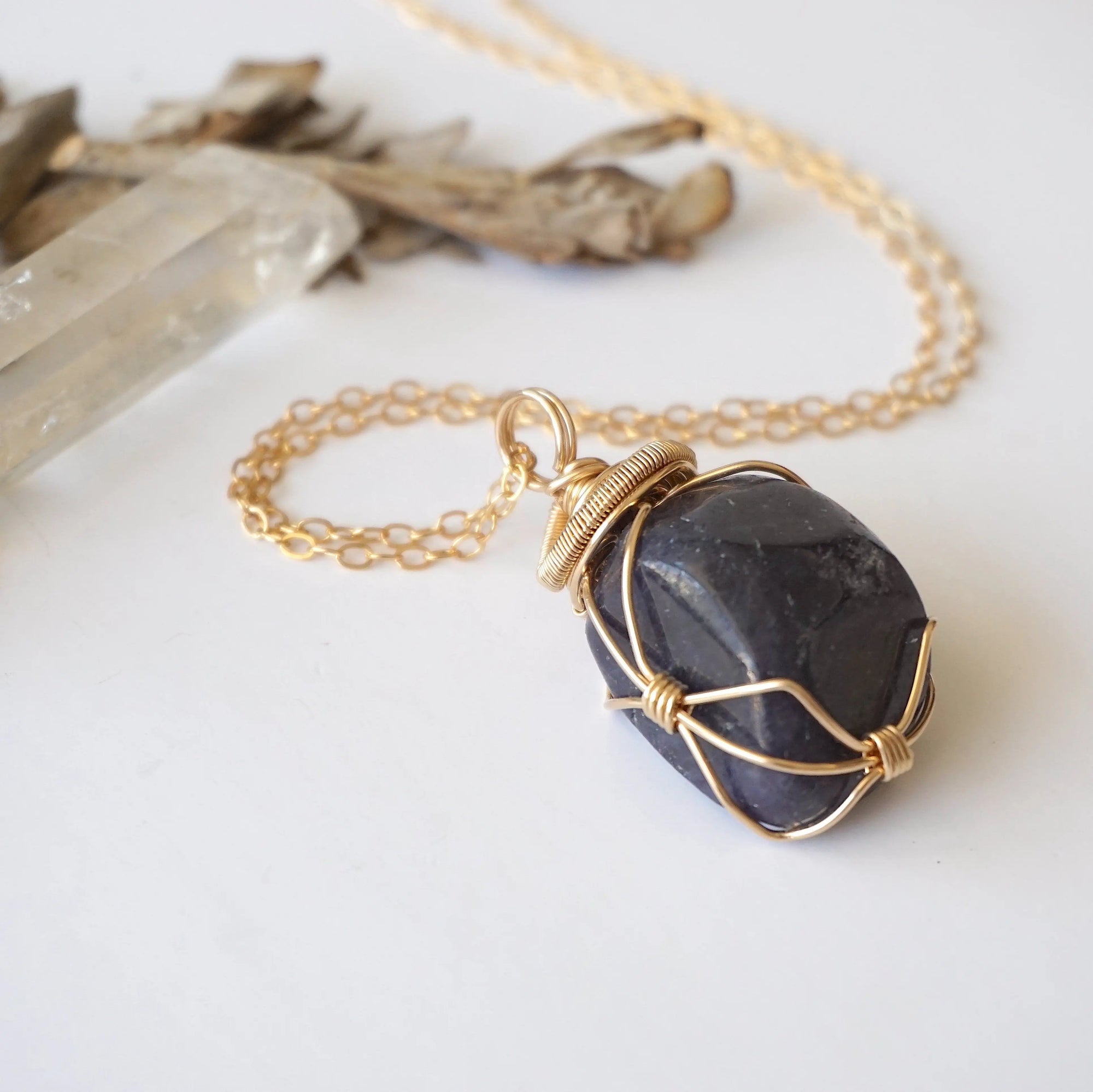 Women's raw sapphire necklace on a 14k gold-filled cable chain — gold-filled wire wrap, handcrafted crystal jewelry by Designs by Nature Gems