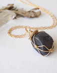 Women's raw sapphire necklace on a 14k gold-filled cable chain — gold-filled wire wrap, handcrafted crystal jewelry by Designs by Nature Gems