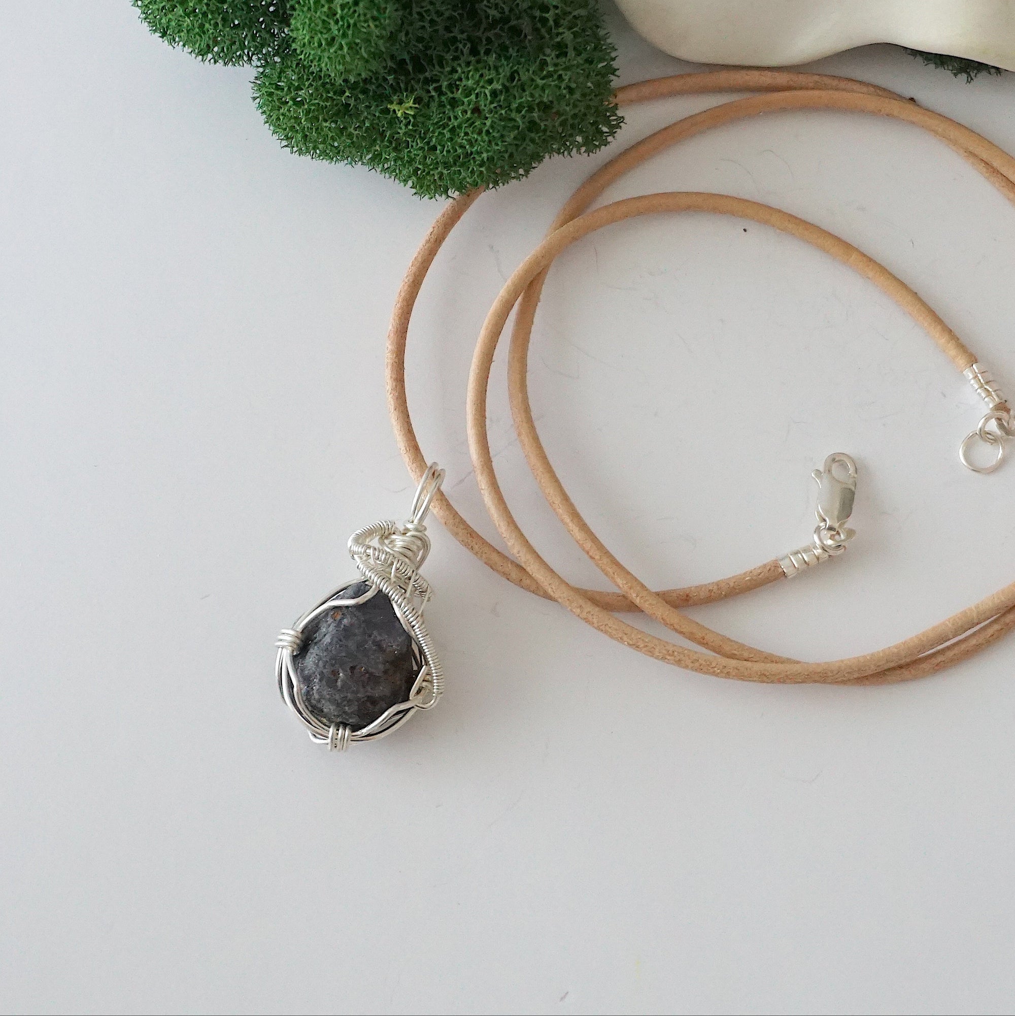 Raw sapphire necklace for women — handmade 925 sterling silver wire wrapped pendant on genuine tan leather cord, September birthstone, by Designs by Nature Gems