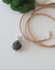 Raw sapphire necklace for women — handmade 925 sterling silver wire wrapped pendant on genuine tan leather cord, September birthstone, by Designs by Nature Gems