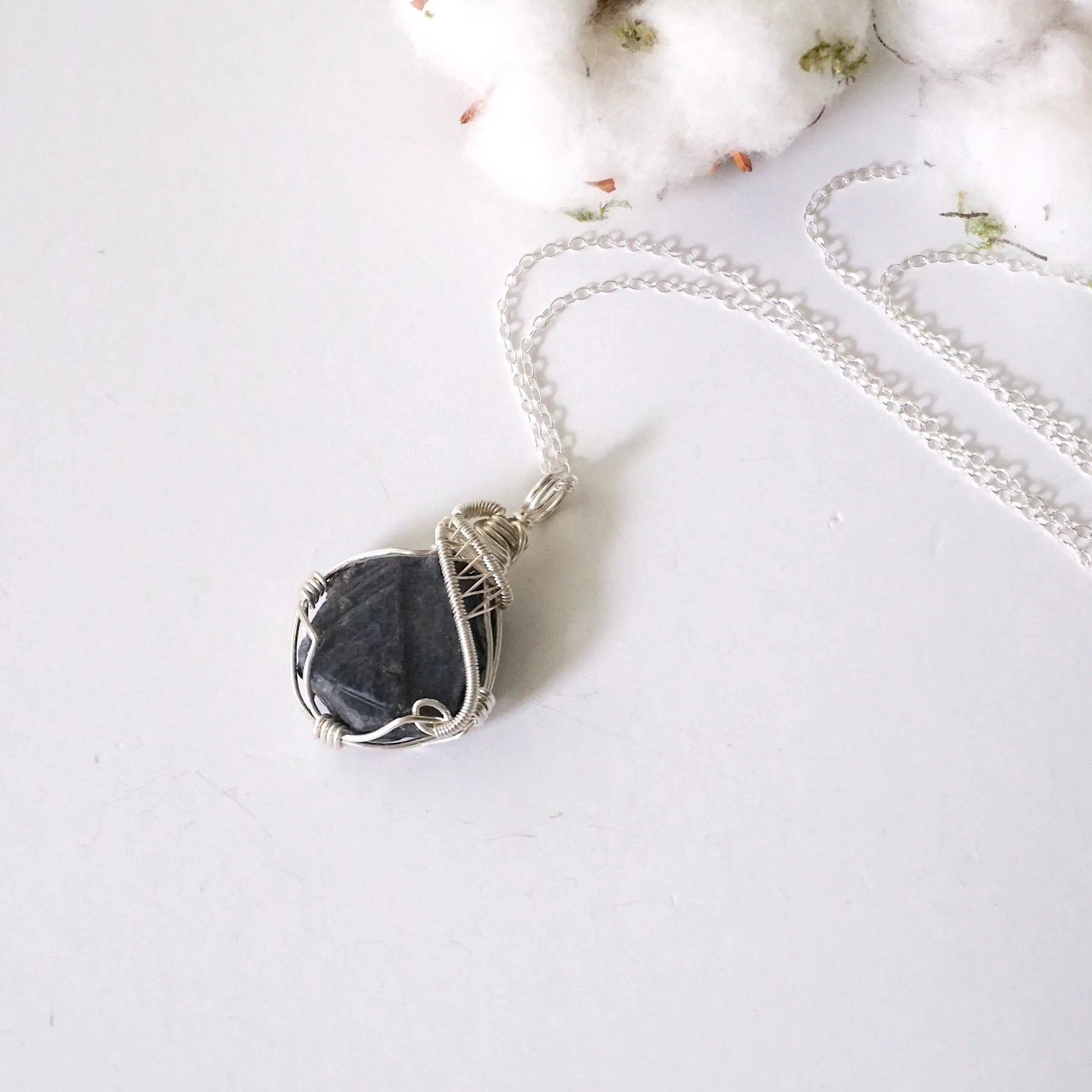 Women's raw sapphire necklace on a 925 sterling silver cable chain — sterling silver wire wrap, handcrafted crystal jewelry by Designs by Nature Gems