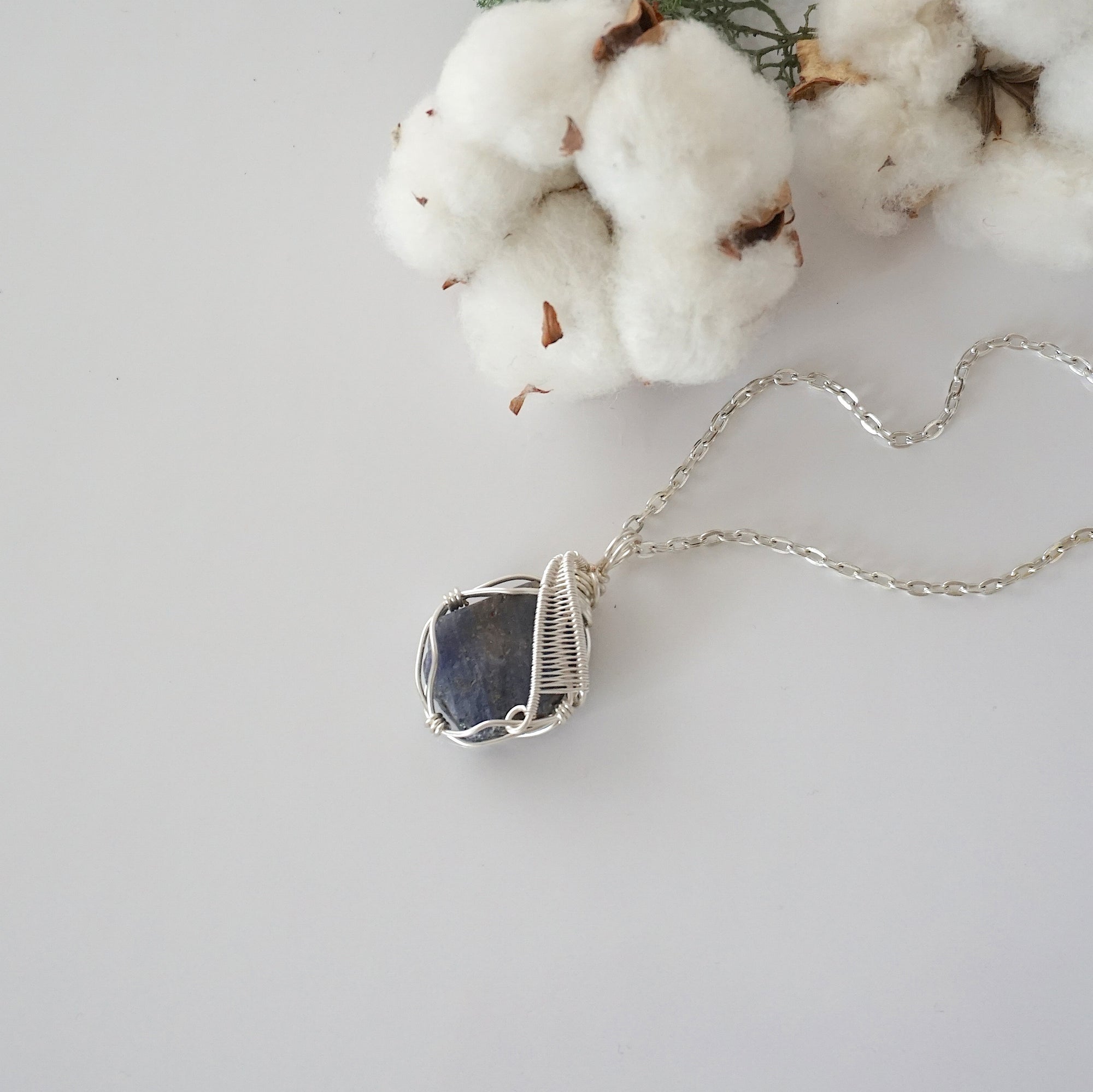 Raw sapphire necklace for women — handmade silver wire wrapped pendant on silver cable chain, September birthstone, by Designs by Nature Gems