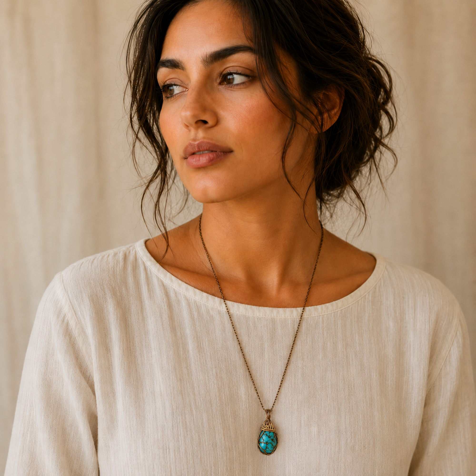 Model wearing raw turquoise necklace with bronze gold wire wrap on antique bronze chain.