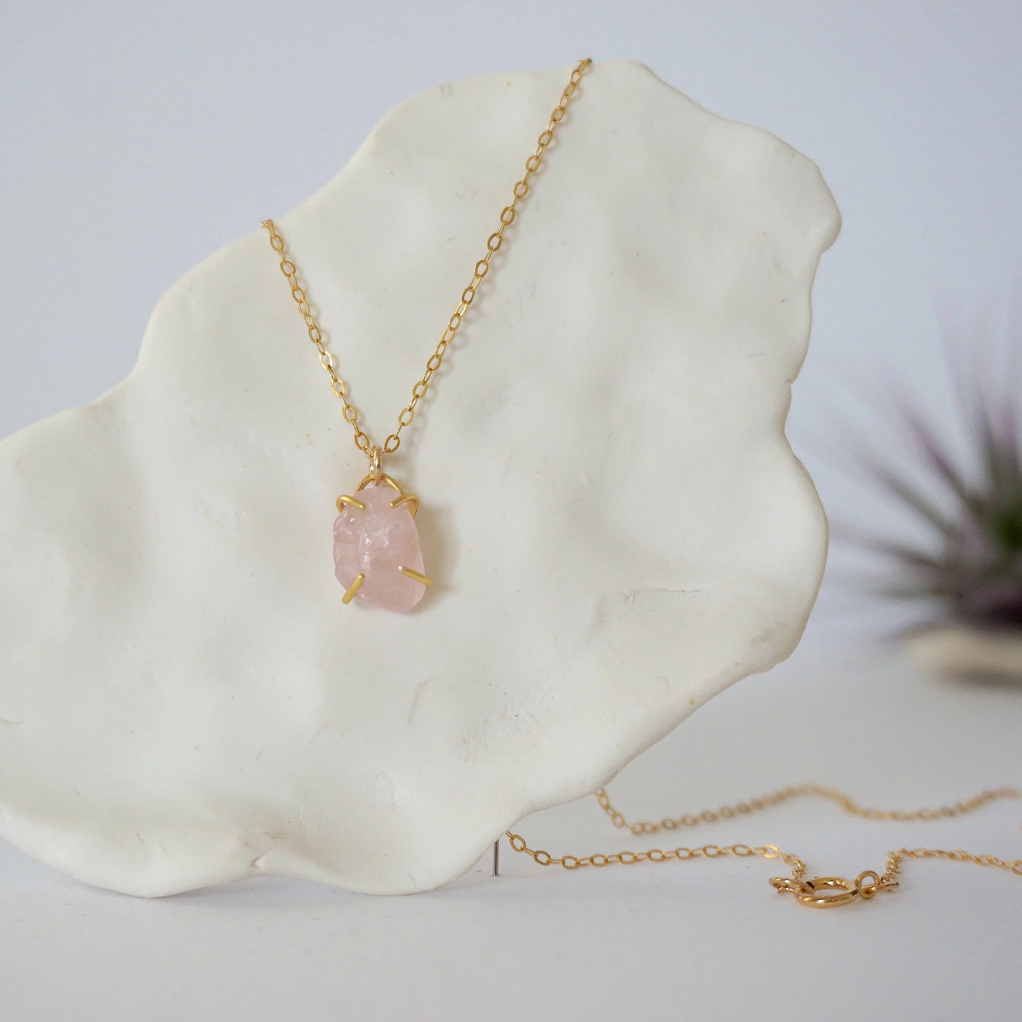 Rose Quartz 14K Gold Huggie Charm Necklace Designs by Nature Gems