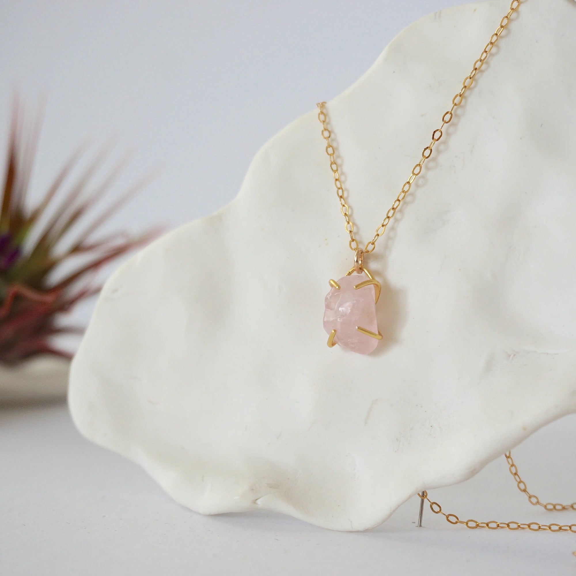 Rose Quartz 14K Gold Huggie Charm Necklace Designs by Nature Gems