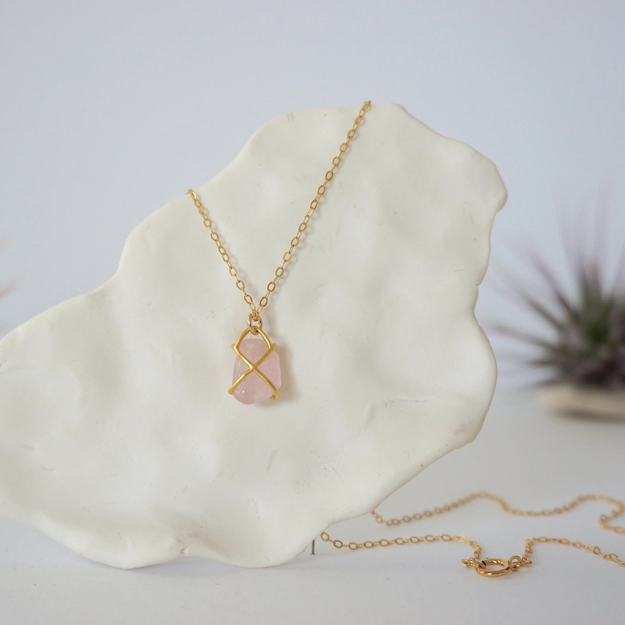 Rose Quartz 14K Gold Huggie Charm Necklace Designs by Nature Gems