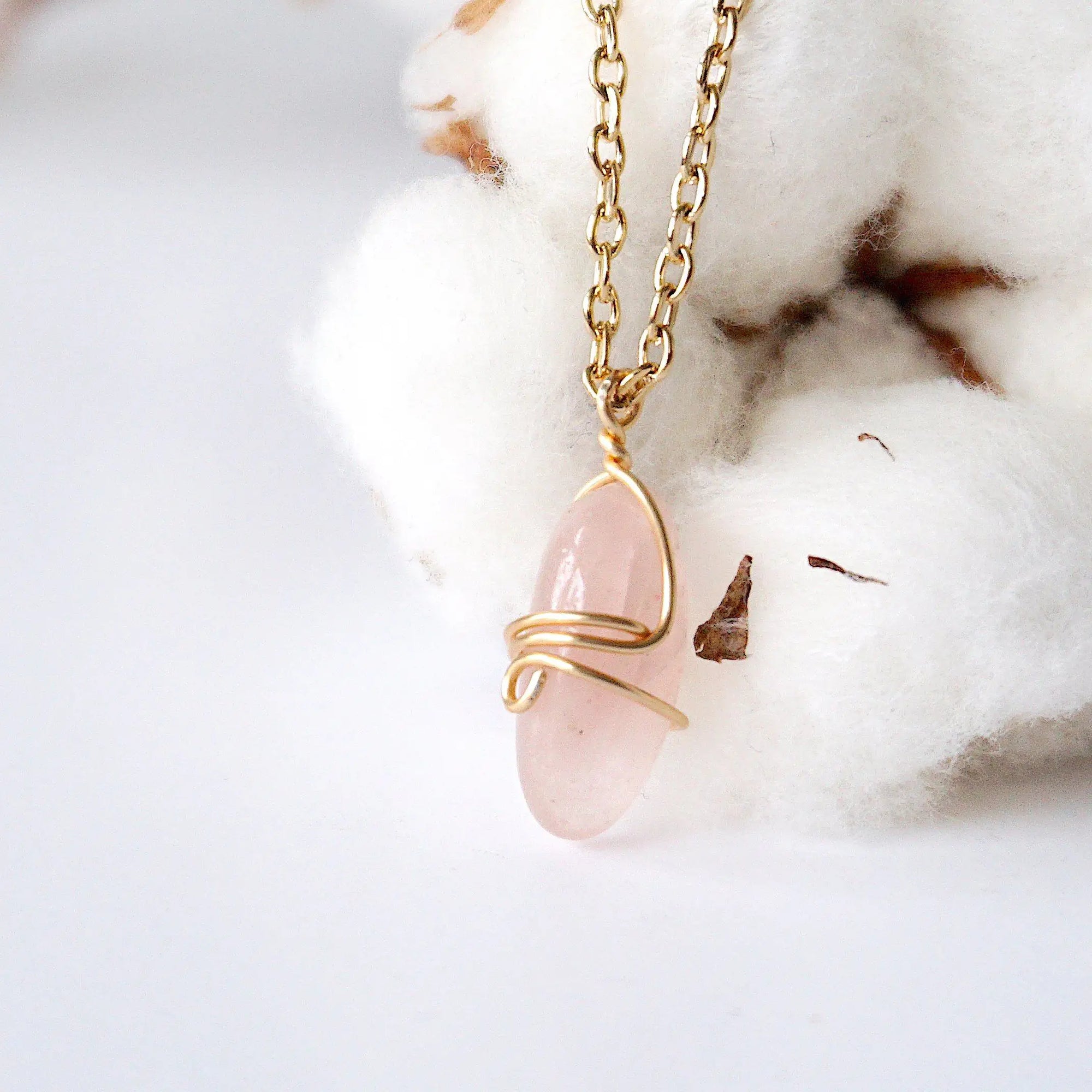 Rose Quartz Charm Necklace - Gold Plated Brass Designs by Nature Gems