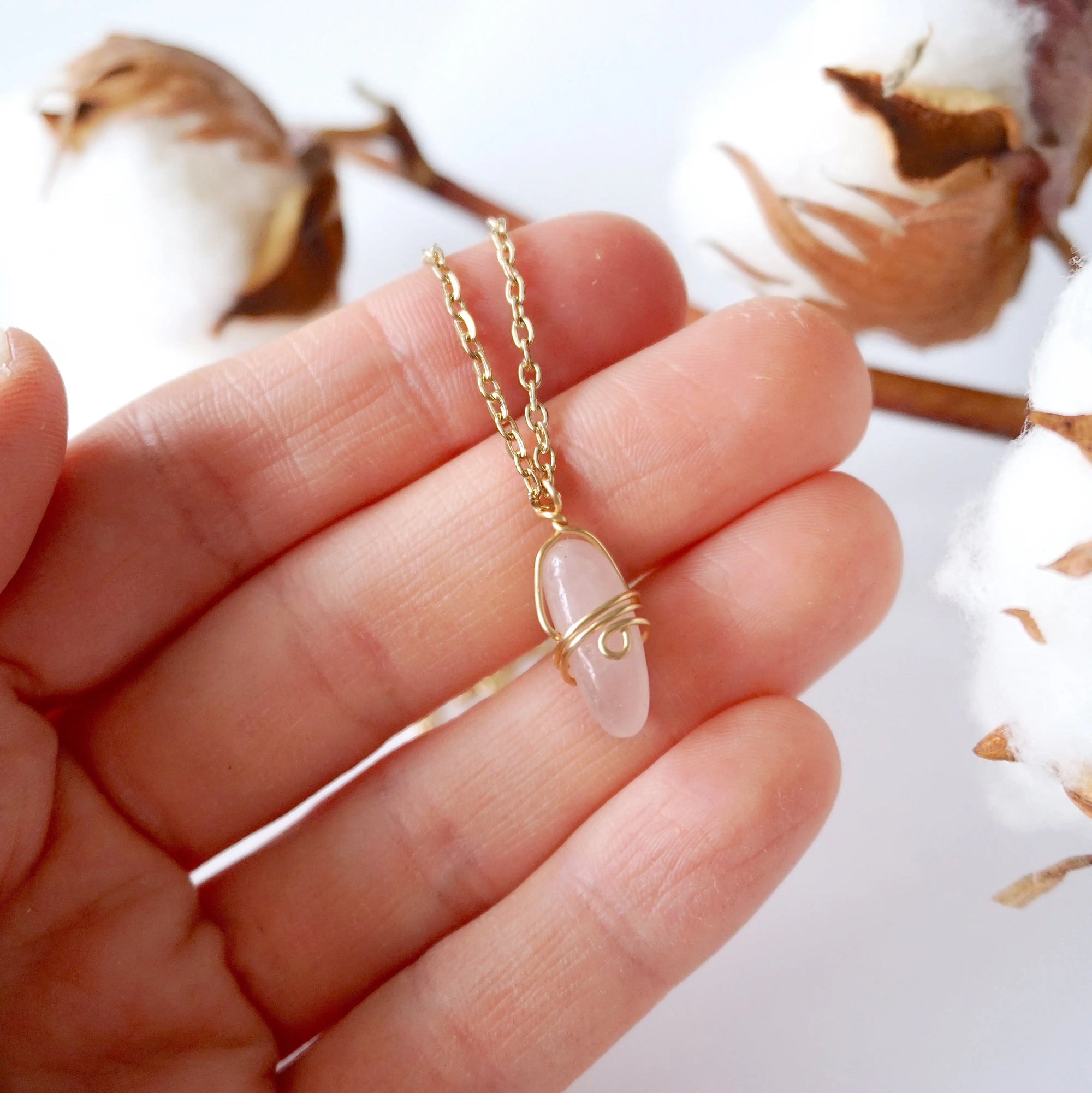 Rose Quartz Charm Necklace - Gold Plated Brass Designs by Nature Gems
