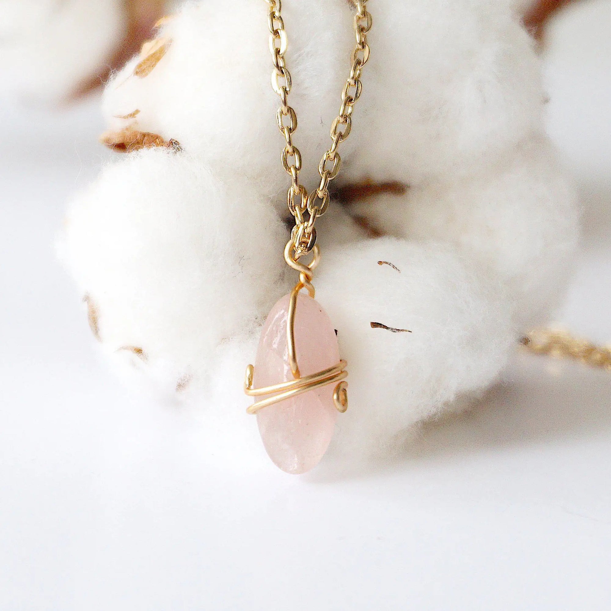 Rose Quartz Charm Necklace - Gold Plated Brass Designs by Nature Gems