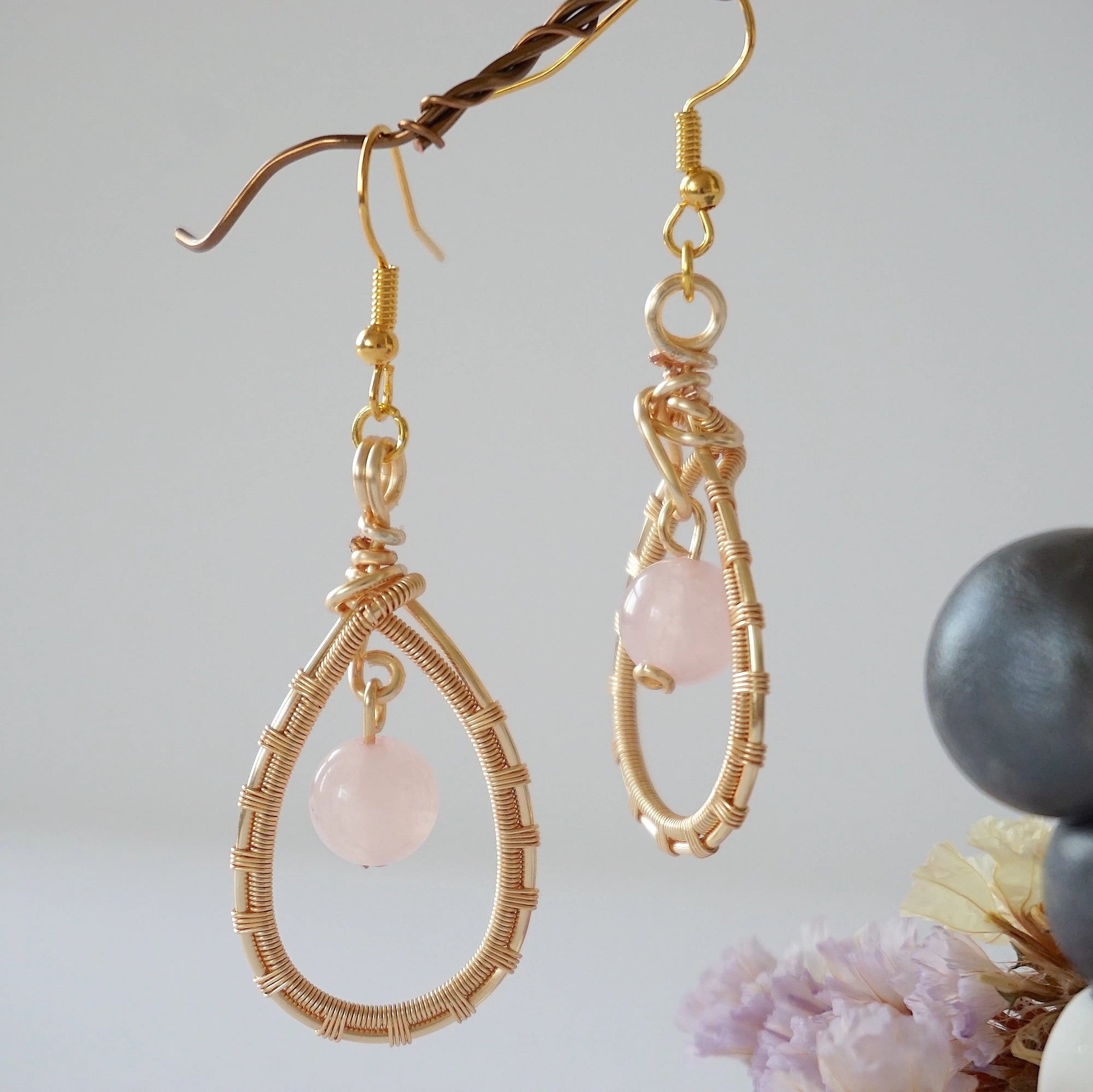 Rose Quartz Gold Plated Round Wire Earring Designs by Nature Gems