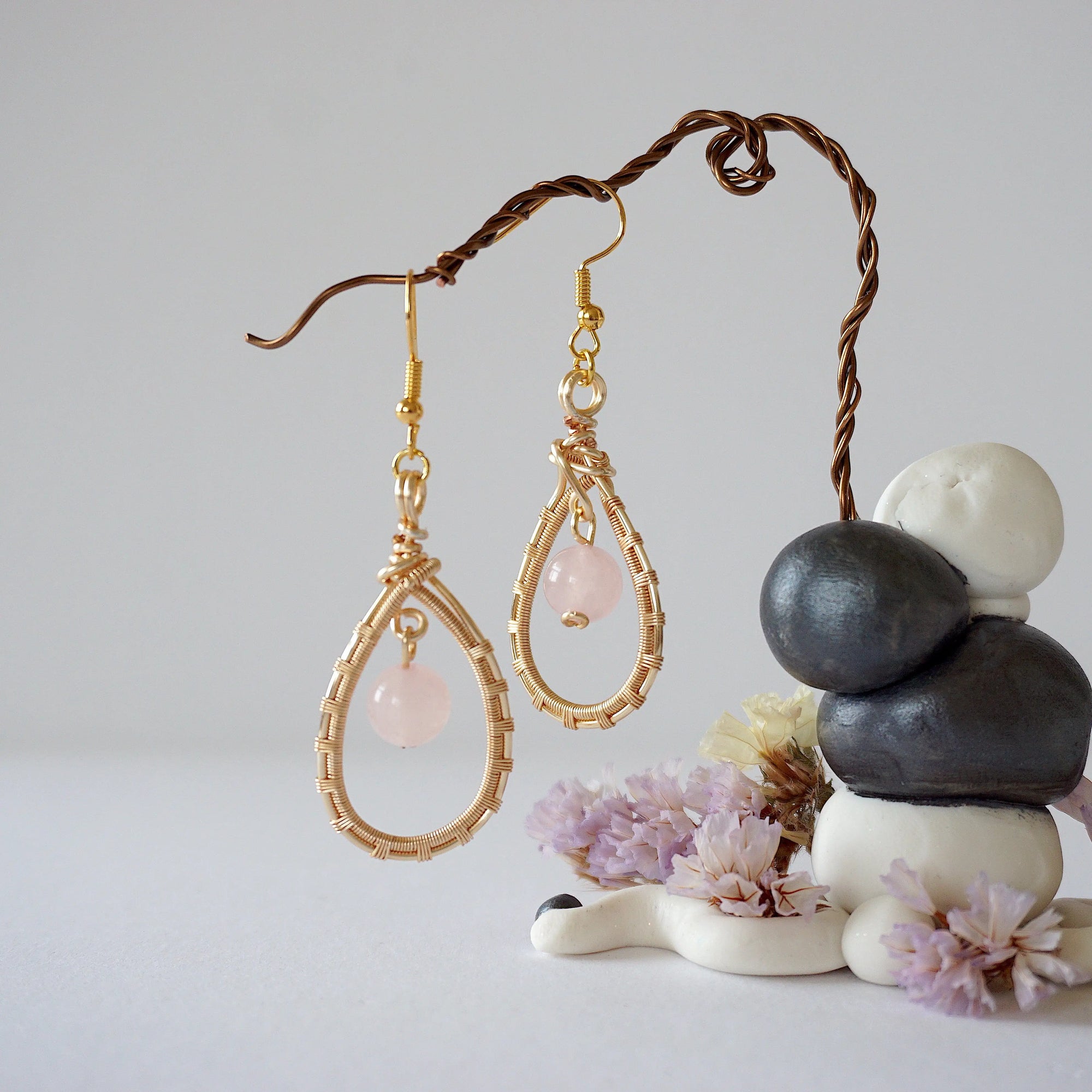 Rose Quartz Gold Plated Round Wire Earring Designs by Nature Gems