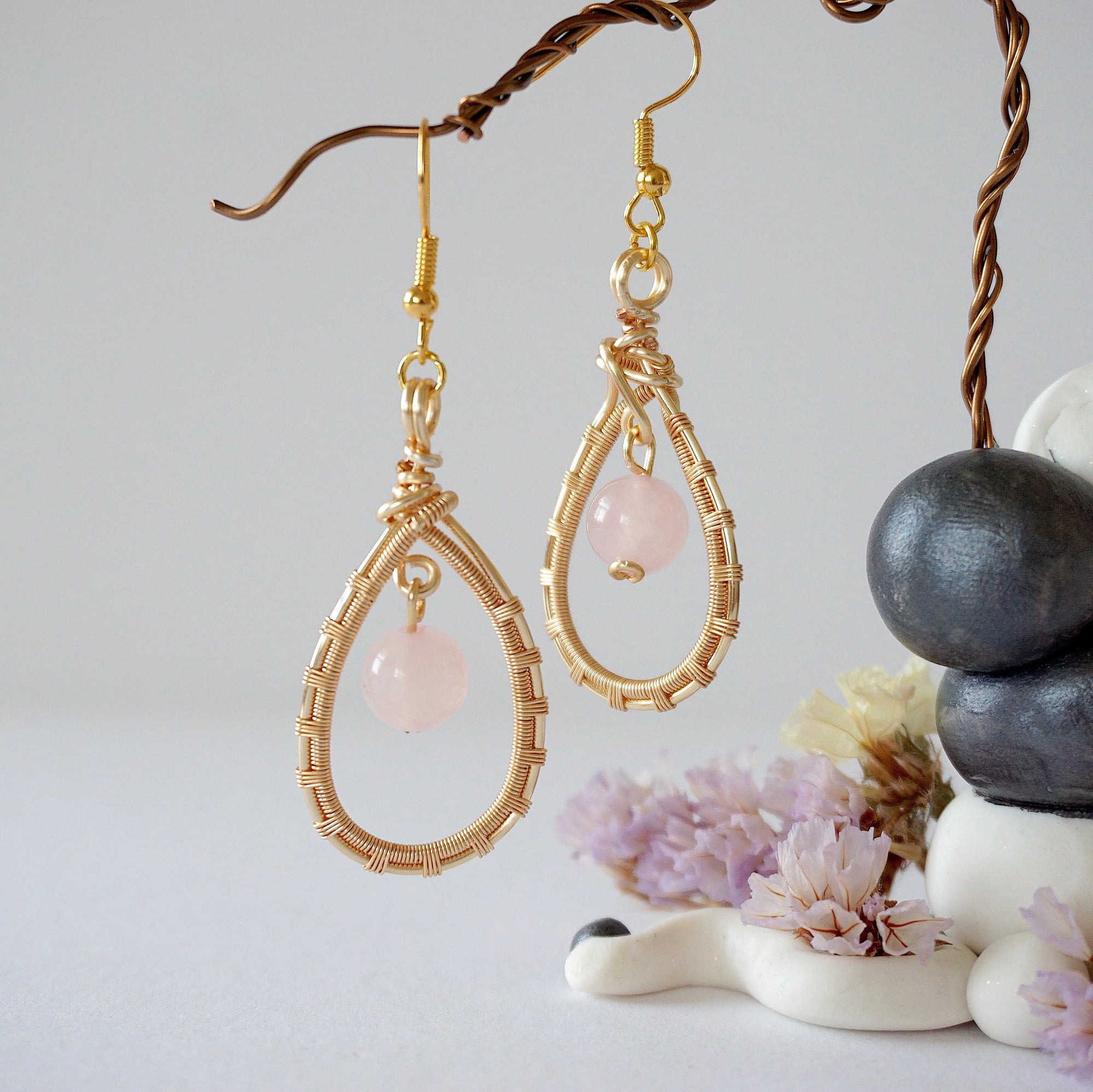 Rose Quartz Gold Plated Round Wire Earring Designs by Nature Gems