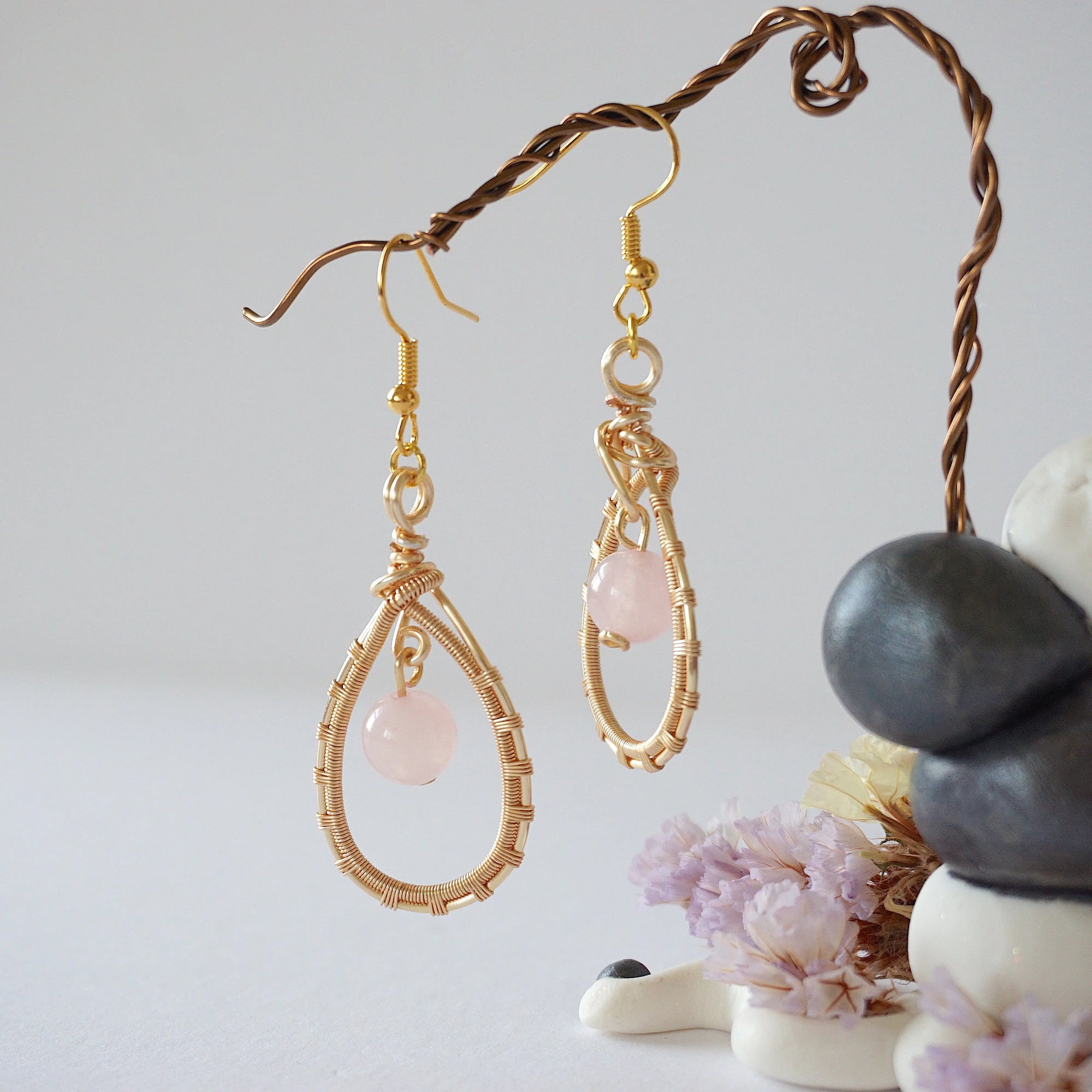 Rose Quartz Gold Plated Round Wire Earring Designs by Nature Gems