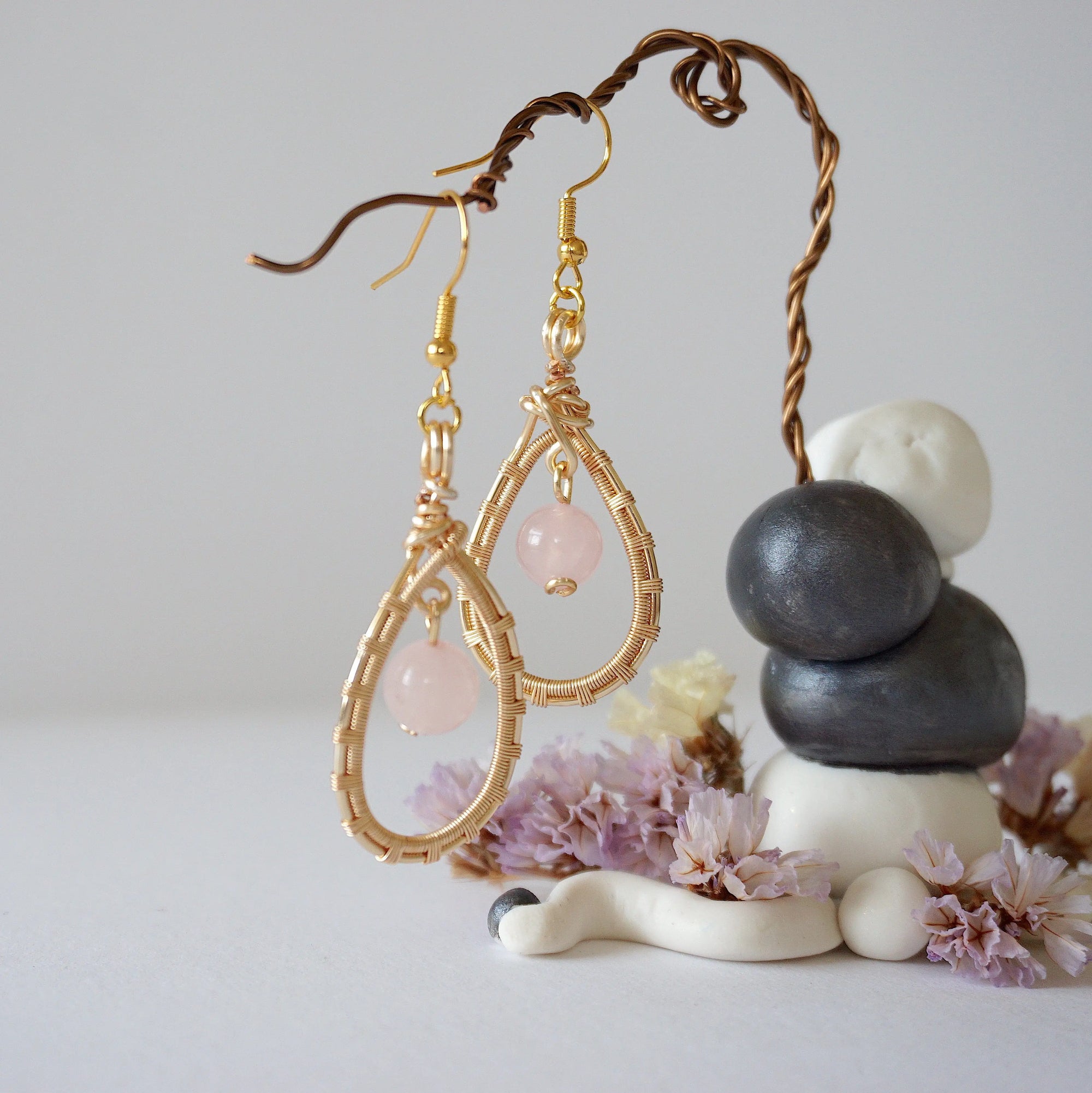 Rose Quartz Gold Plated Round Wire Earring Designs by Nature Gems