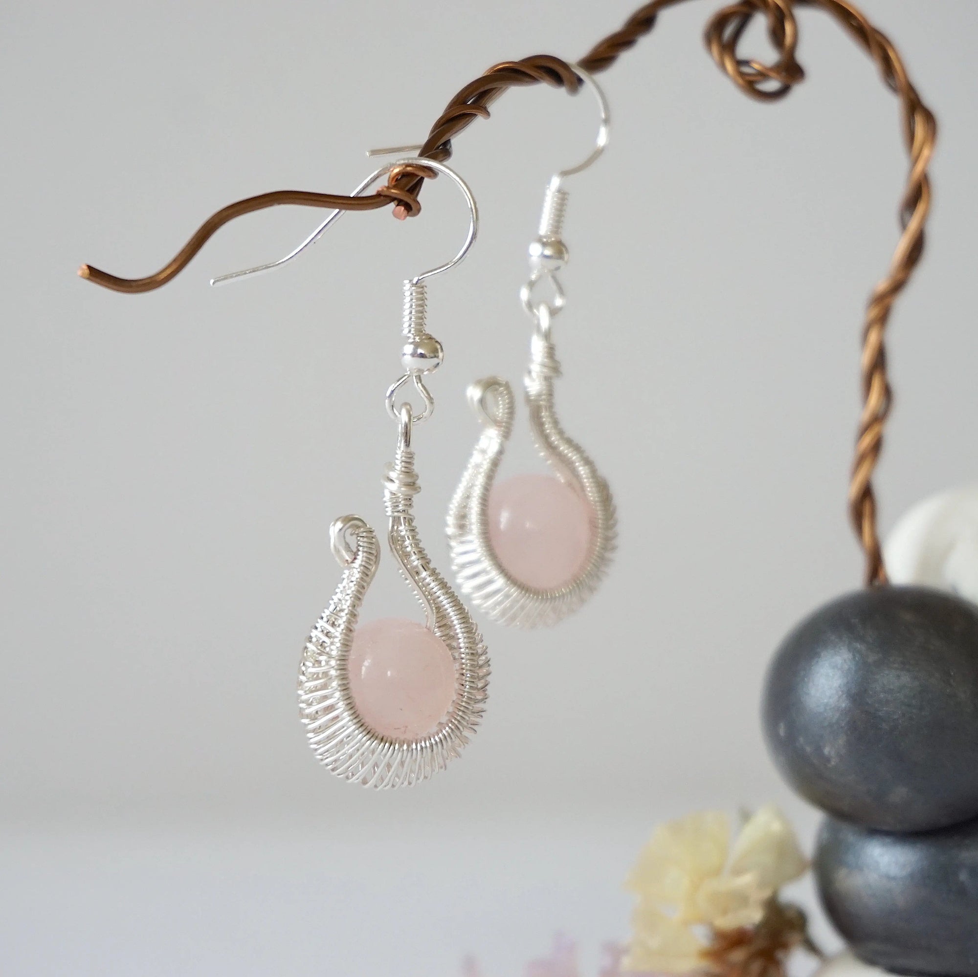 Rose Quartz Silver Plated Drop U-Shape Earring Designs by Nature Gems