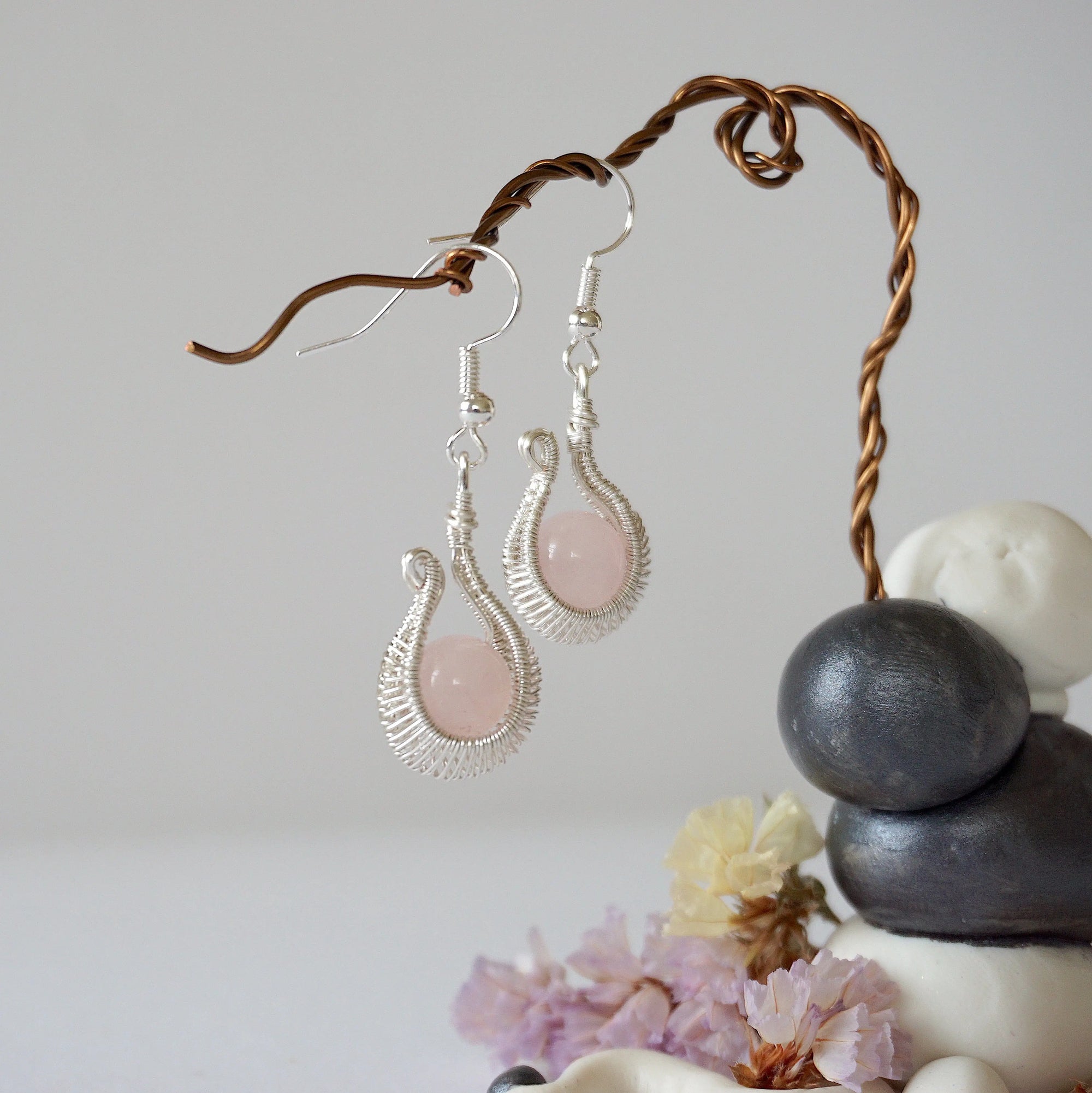 Rose Quartz Silver Plated Drop U-Shape Earring Designs by Nature Gems