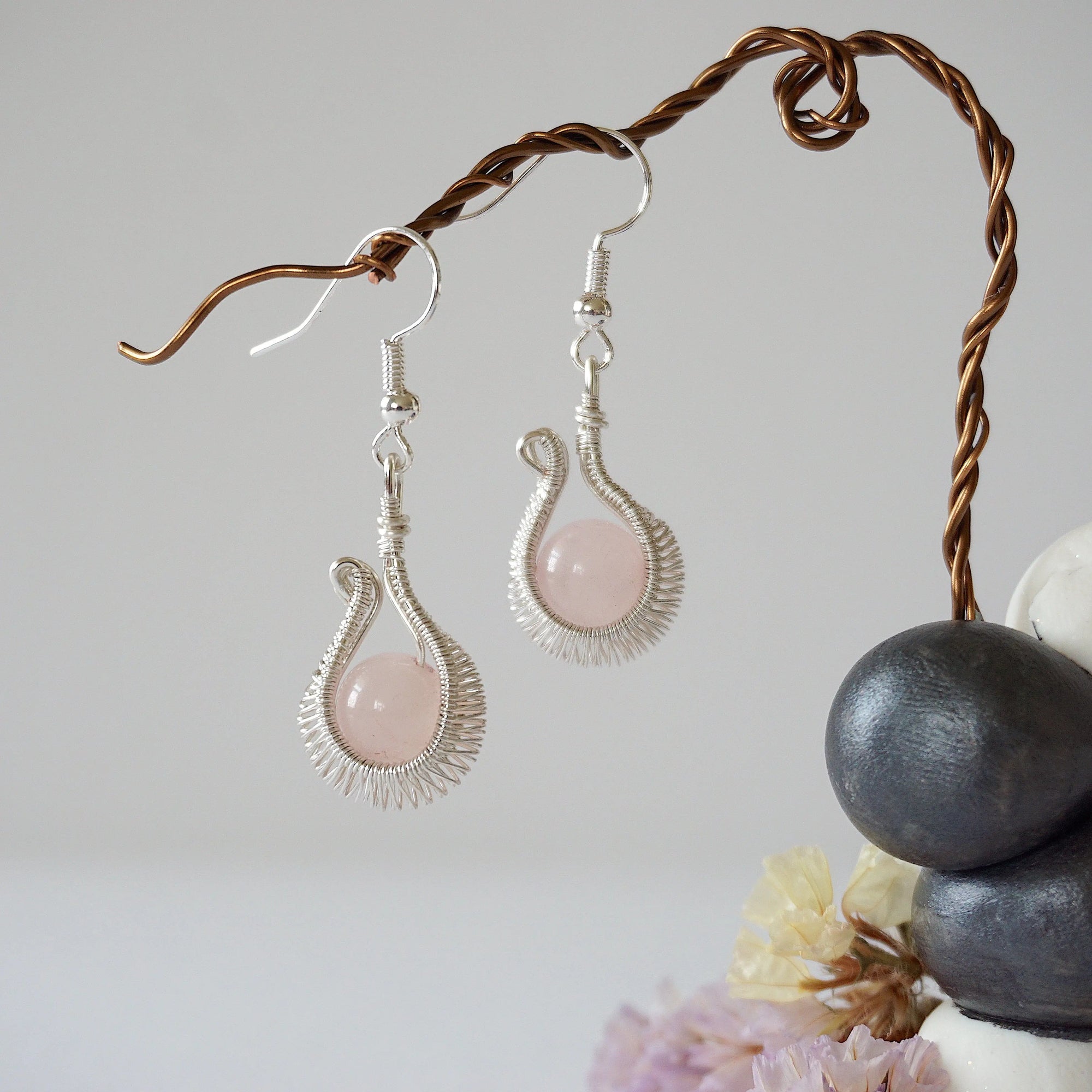 Rose Quartz Silver Plated Drop U-Shape Earring Designs by Nature Gems