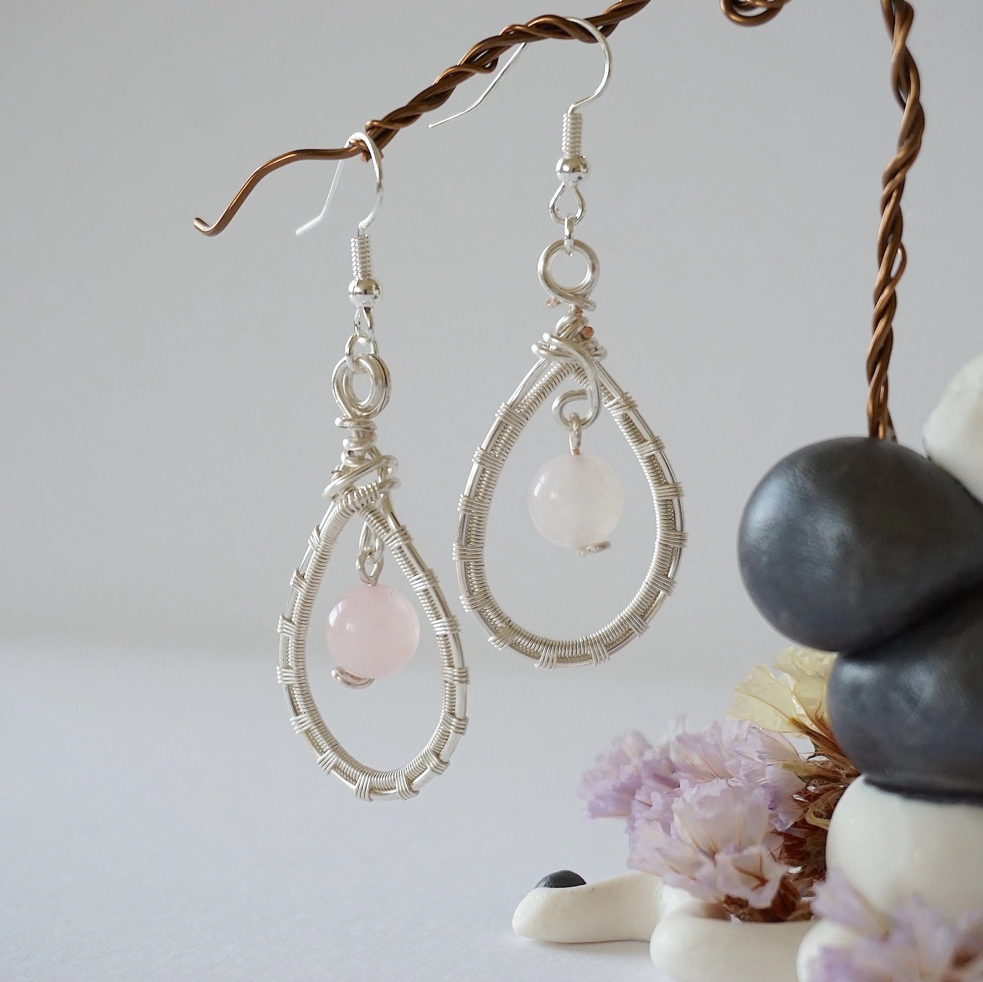 Rose Quartz Silver Plated Round Wire Earring Designs by Nature Gems