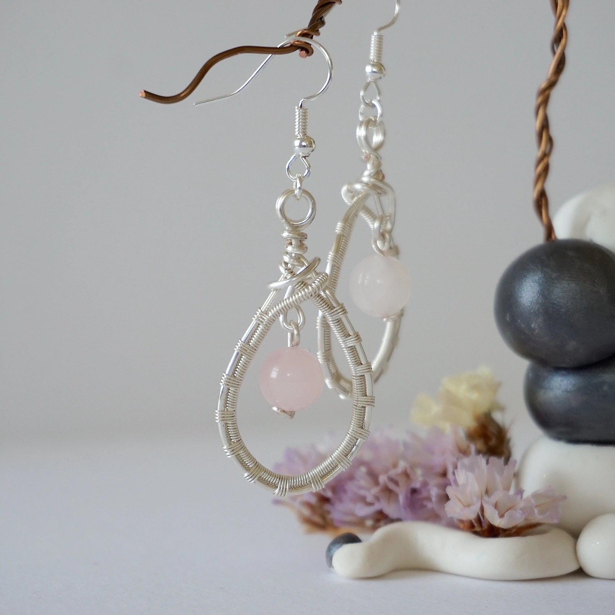 Rose Quartz Silver Plated Round Wire Earring Designs by Nature Gems