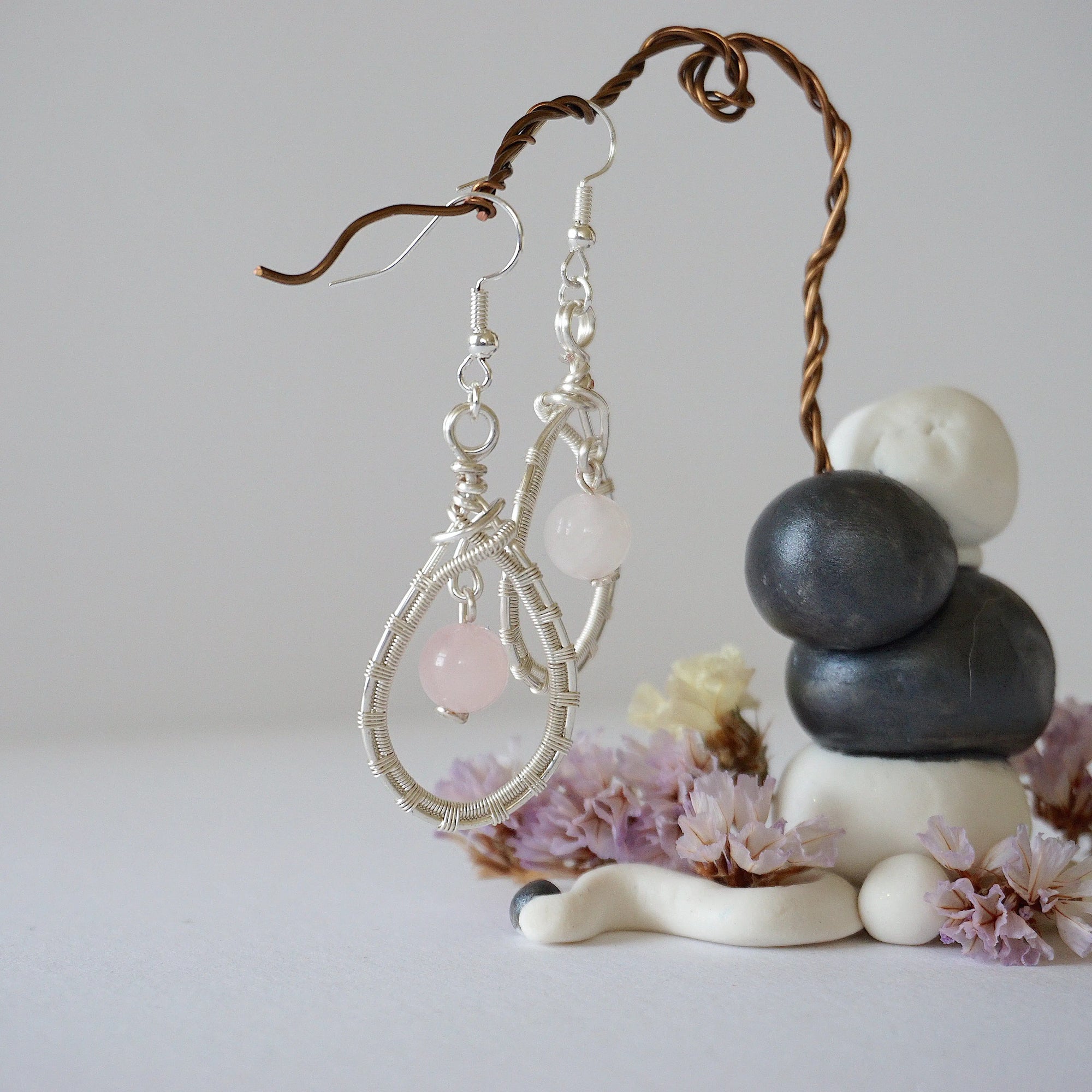 Rose Quartz Silver Plated Round Wire Earring Designs by Nature Gems