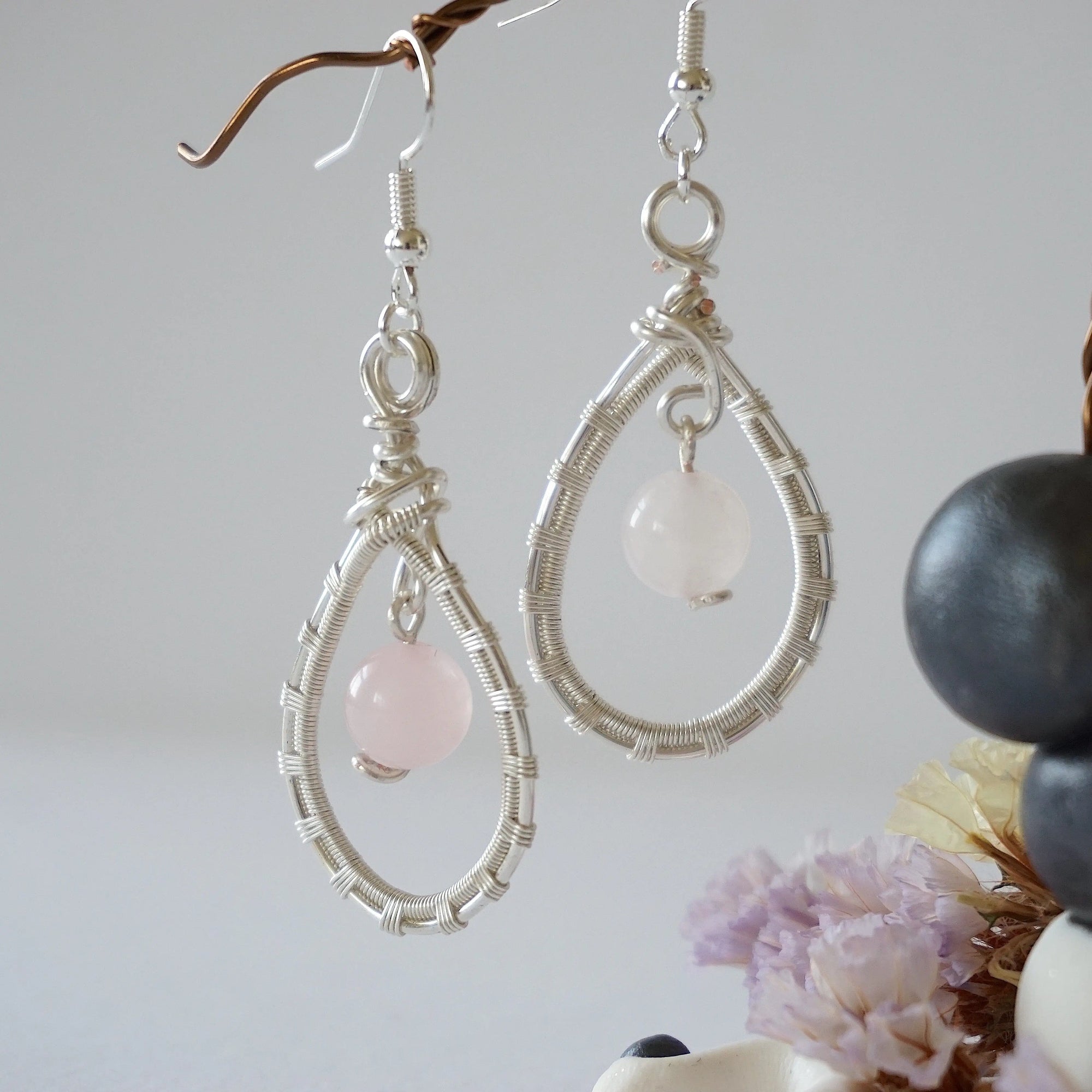 Rose Quartz Silver Plated Round Wire Earring Designs by Nature Gems