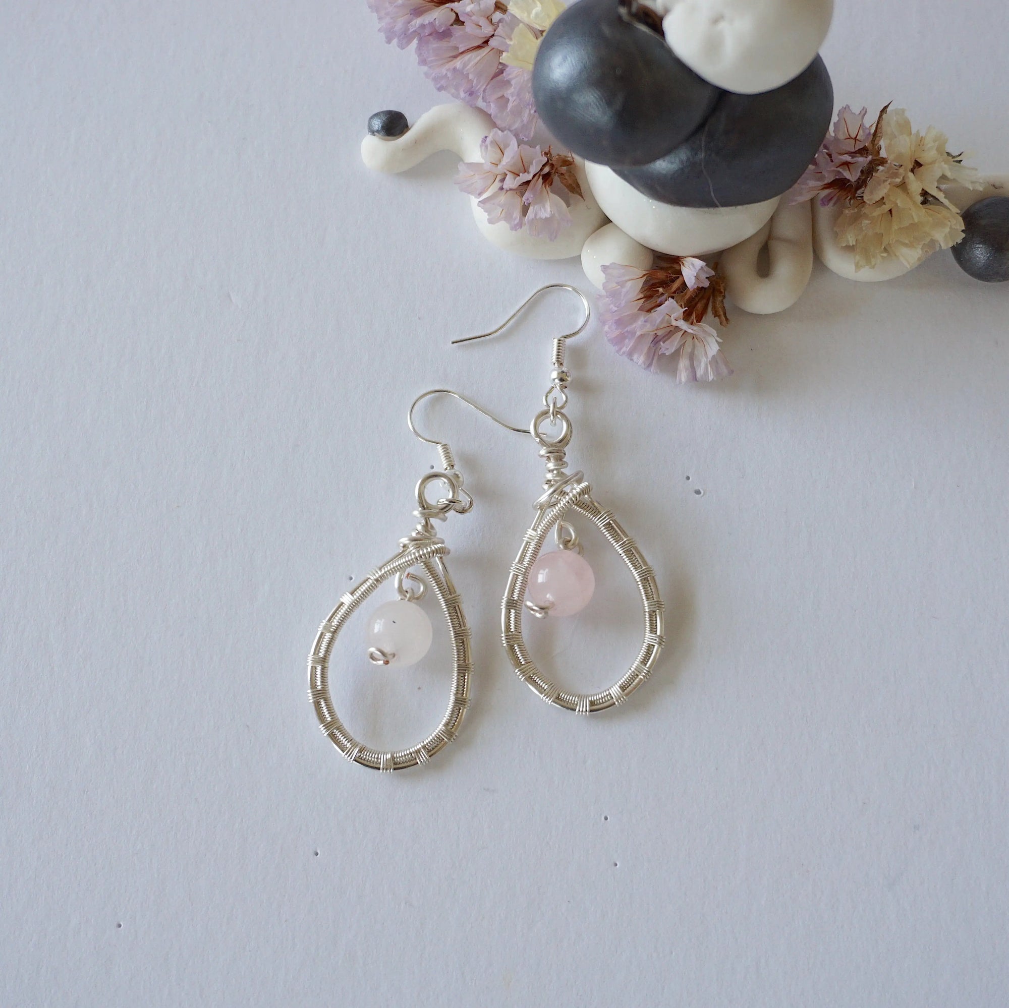 Rose Quartz Silver Plated Round Wire Earring Designs by Nature Gems