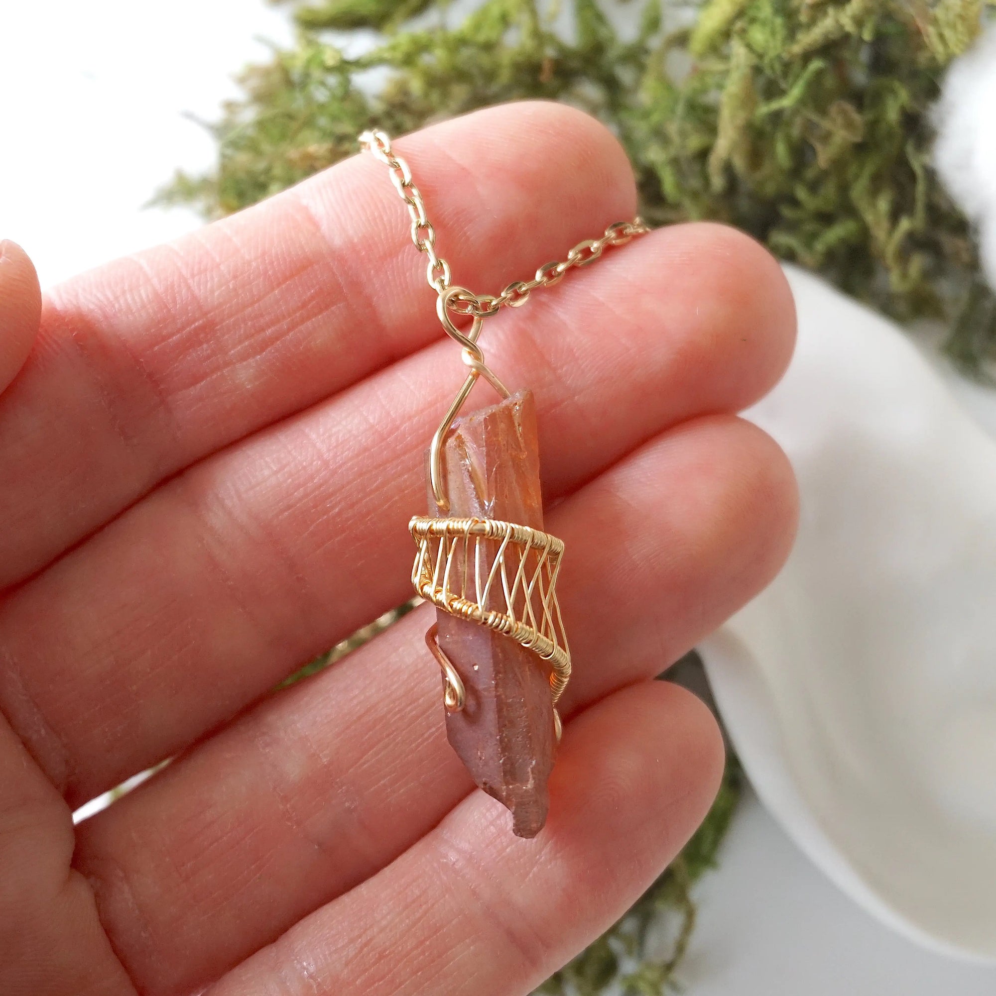 Ruby Aura Quartz - Gold Wire Wrapped Necklace Designs by Nature Gems
