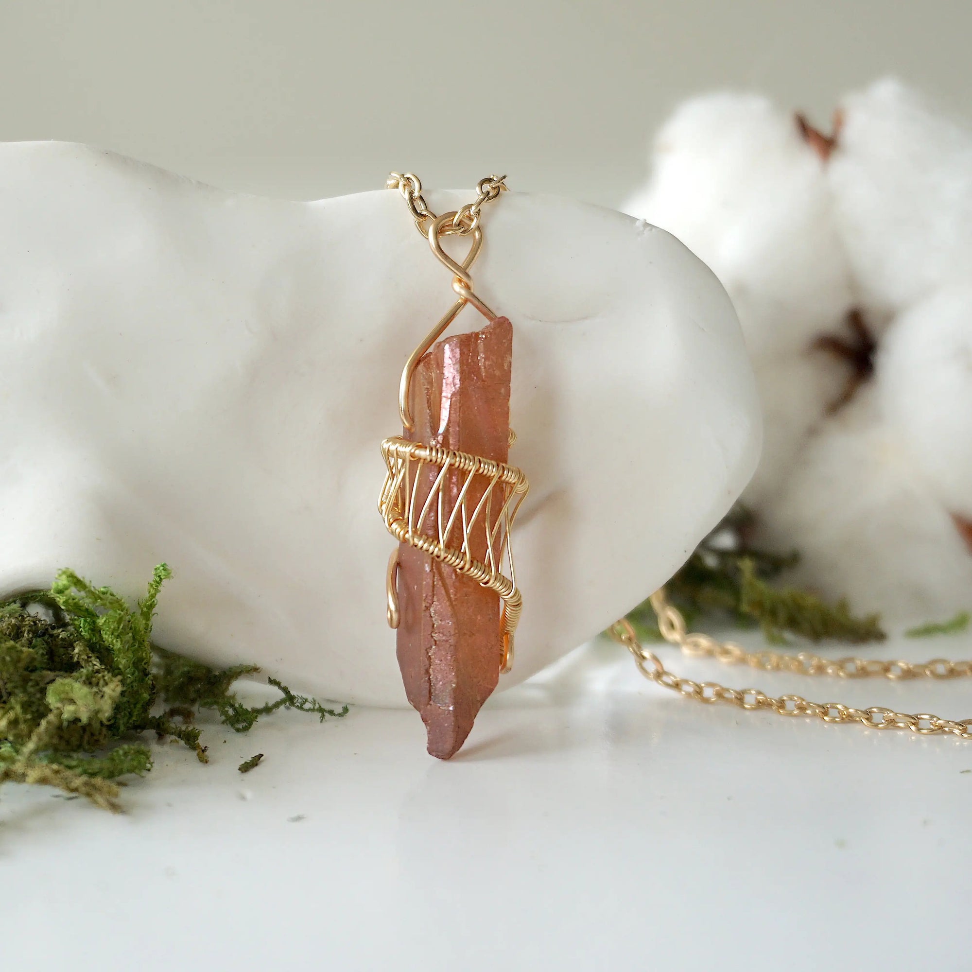 Ruby Aura Quartz - Gold Wire Wrapped Necklace Designs by Nature Gems