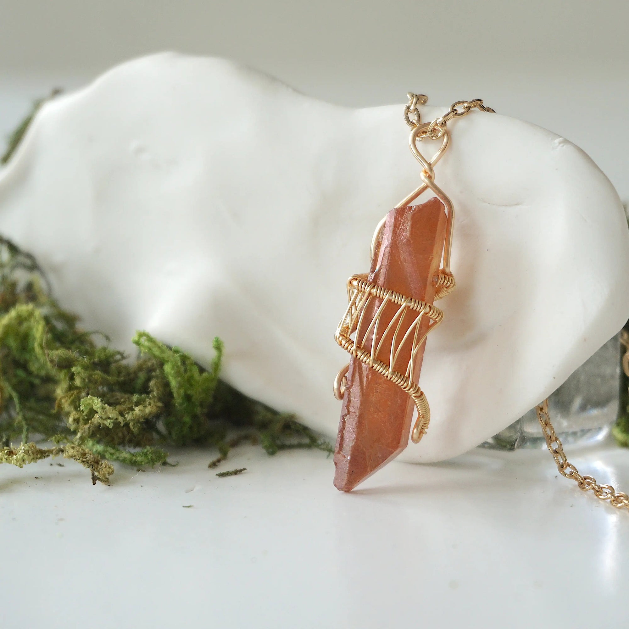 Ruby Aura Quartz - Gold Wire Wrapped Necklace Designs by Nature Gems